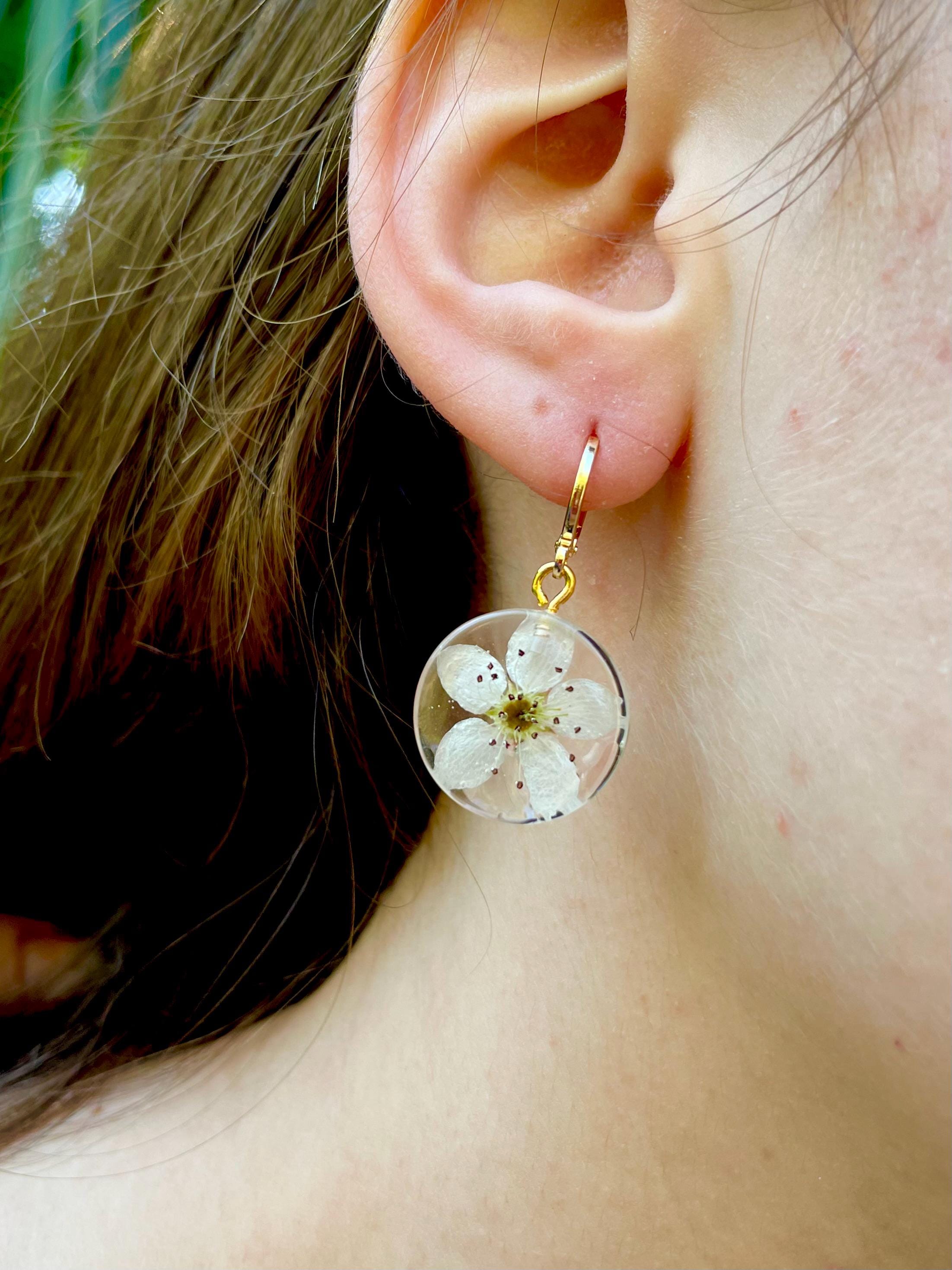 Cherry Blossom Resin Earrings: Gold Huggie Hoops, Real Flower Jewelry March Birth Flower