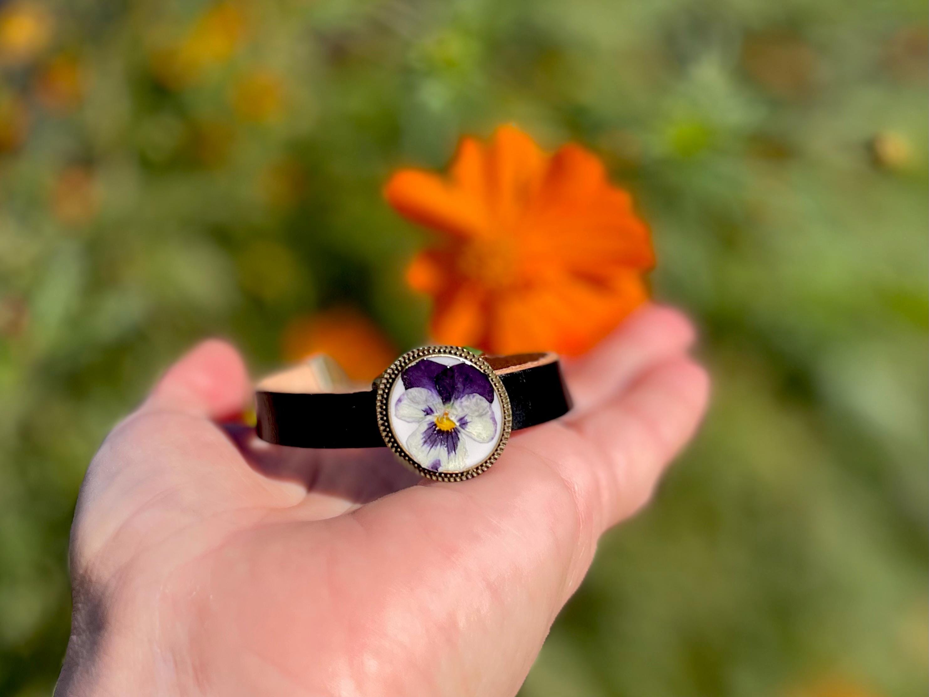 Pansy Birth Flower Leather Bracelet: Personalized Violet Jewelry Gift