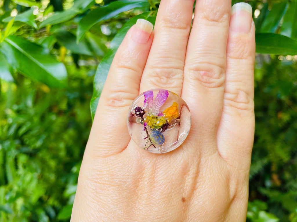 Custom Birth Flower Ring: Resin Wildflower Bouquet, Stainless Steel