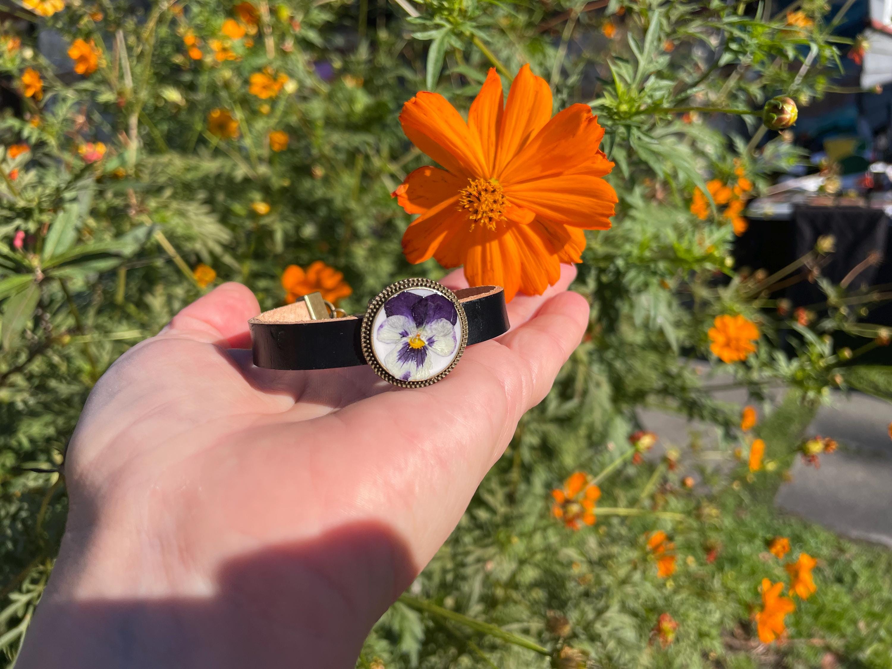 Pansy Birth Flower Leather Bracelet: Personalized Violet Jewelry Gift