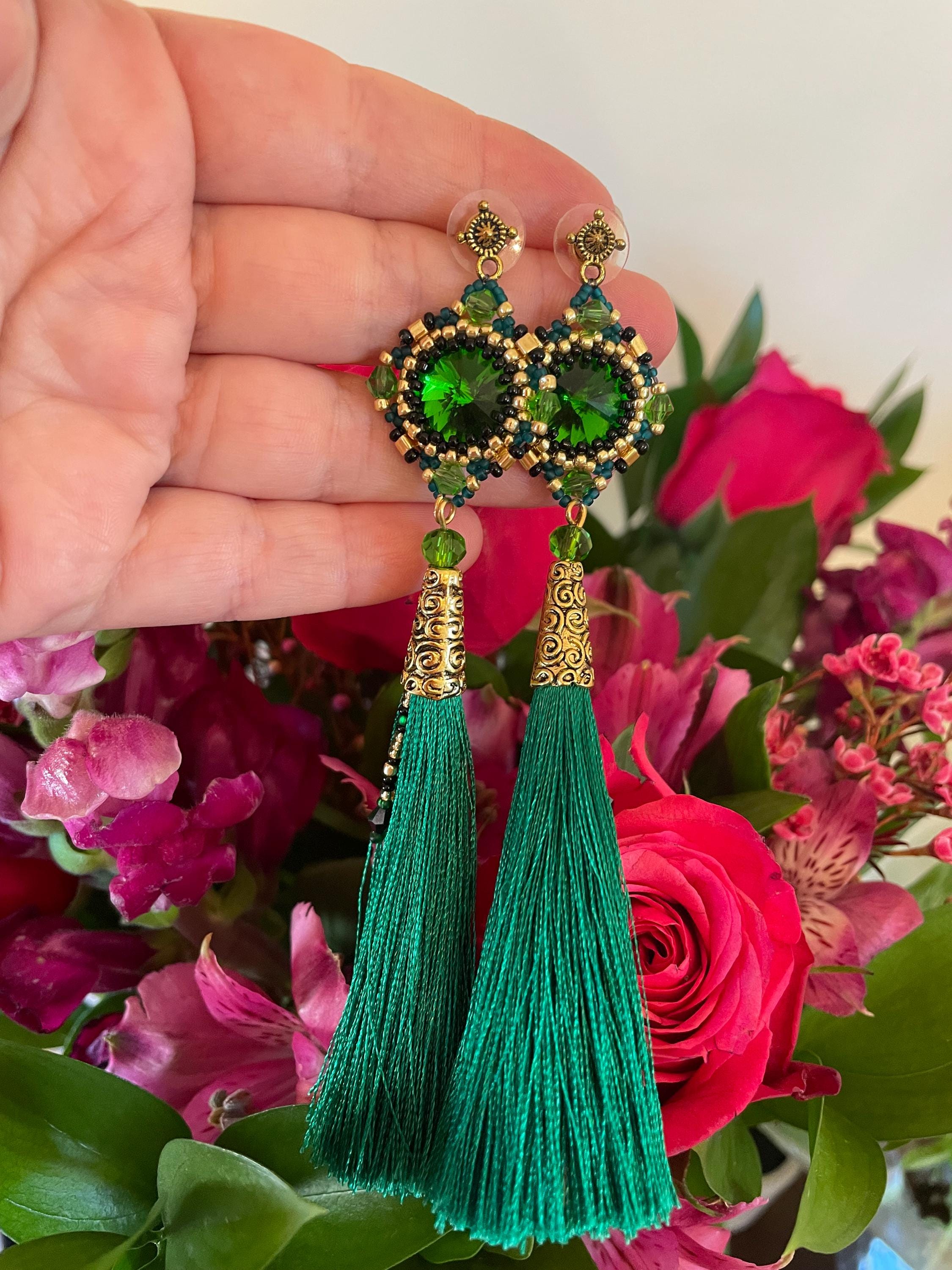 Handmade Emerald Green Swarovski Crystal Silk Tassel Earrings for Women 3-6 inch Long Custom Tassel Color