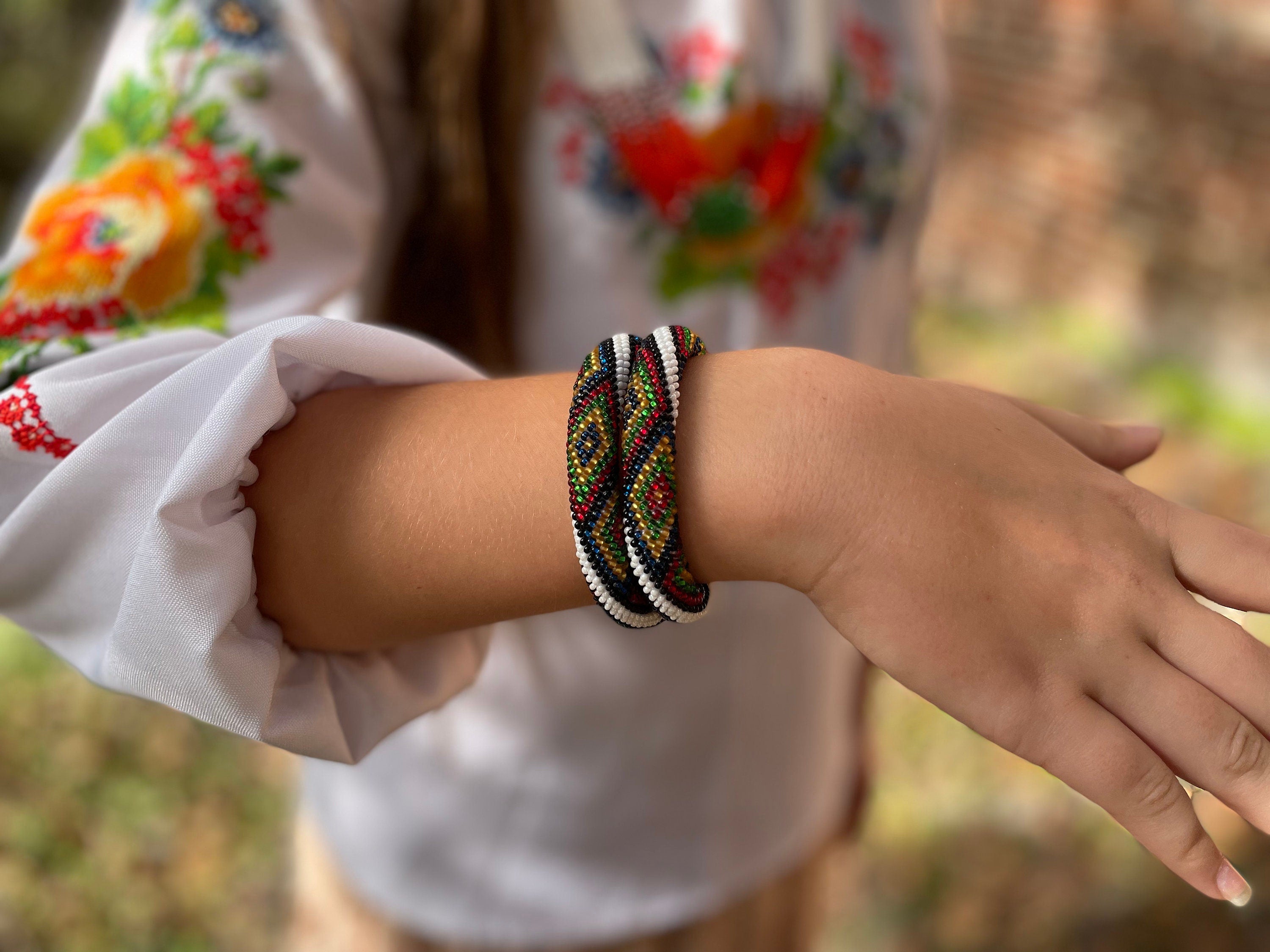 Ethnic Folk Ukrainian beaded bracelet, Slavic Babushka Ornament Modern Chic Boho bangle, Classic Timeless Geometric Design, Ukrainian seller