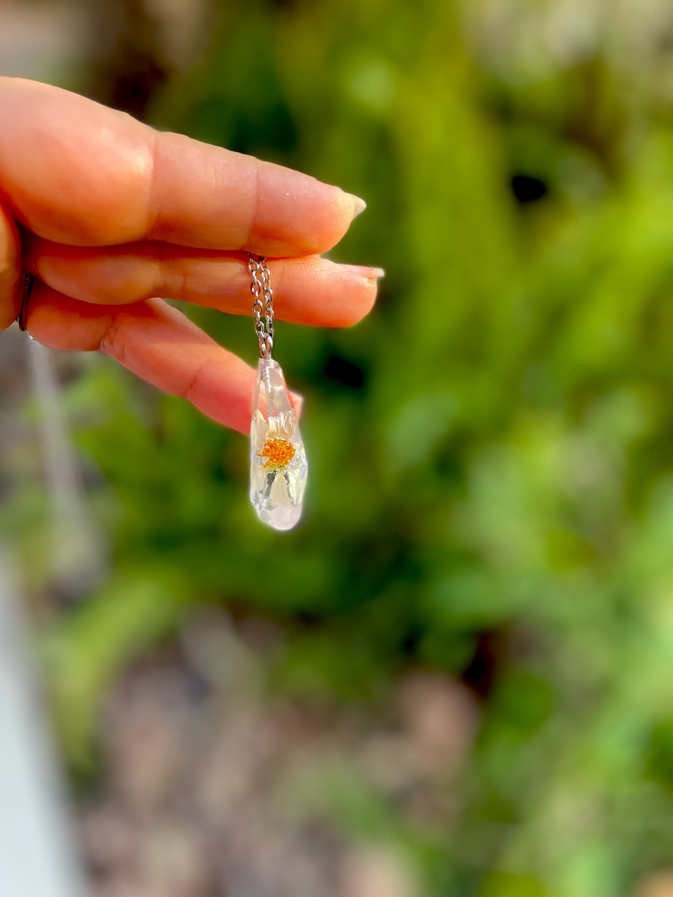 Real Daisy Birthstone Necklace: Pressed Flower Crystal Pendant