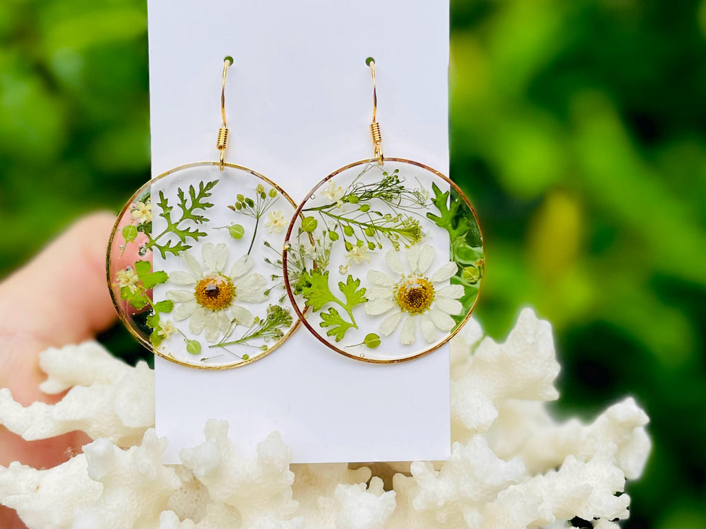 Pressed Daisy Flower Earrings: Black Resin Circle, Botanical Jewelry