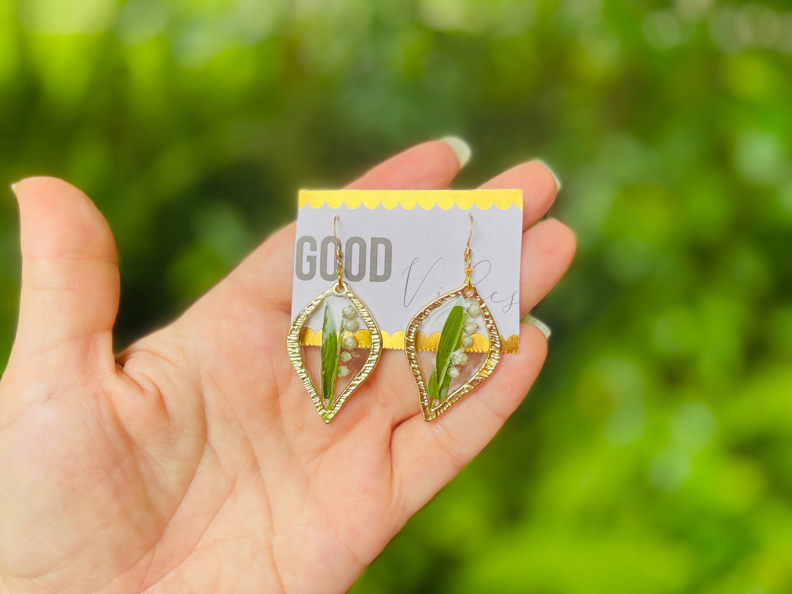 Lily of the Valley Earrings: Gold Teardrop Resin May Birth Flower