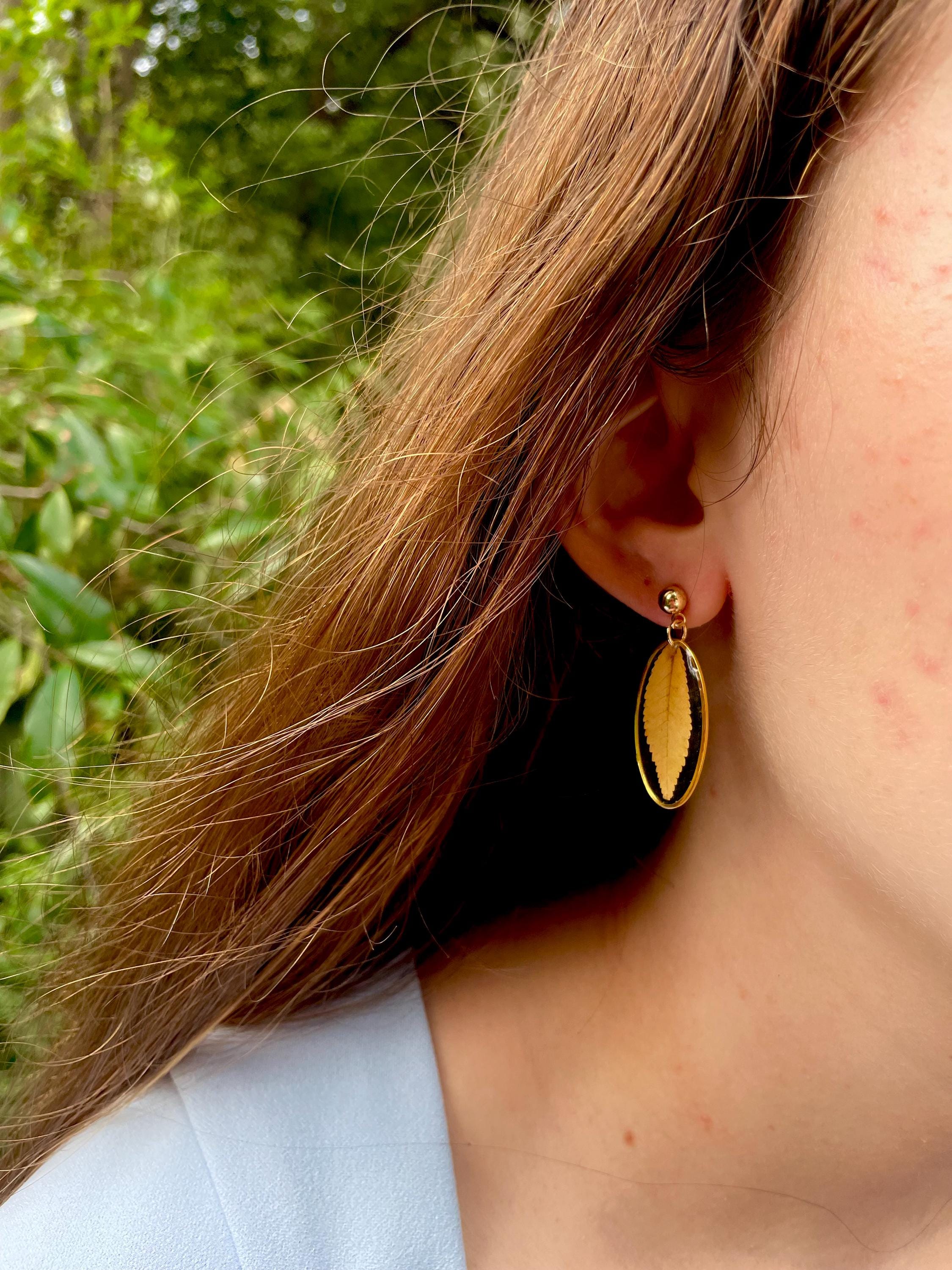 Real Leaf Resin Earrings: Dainty Gold Nature Jewelry
