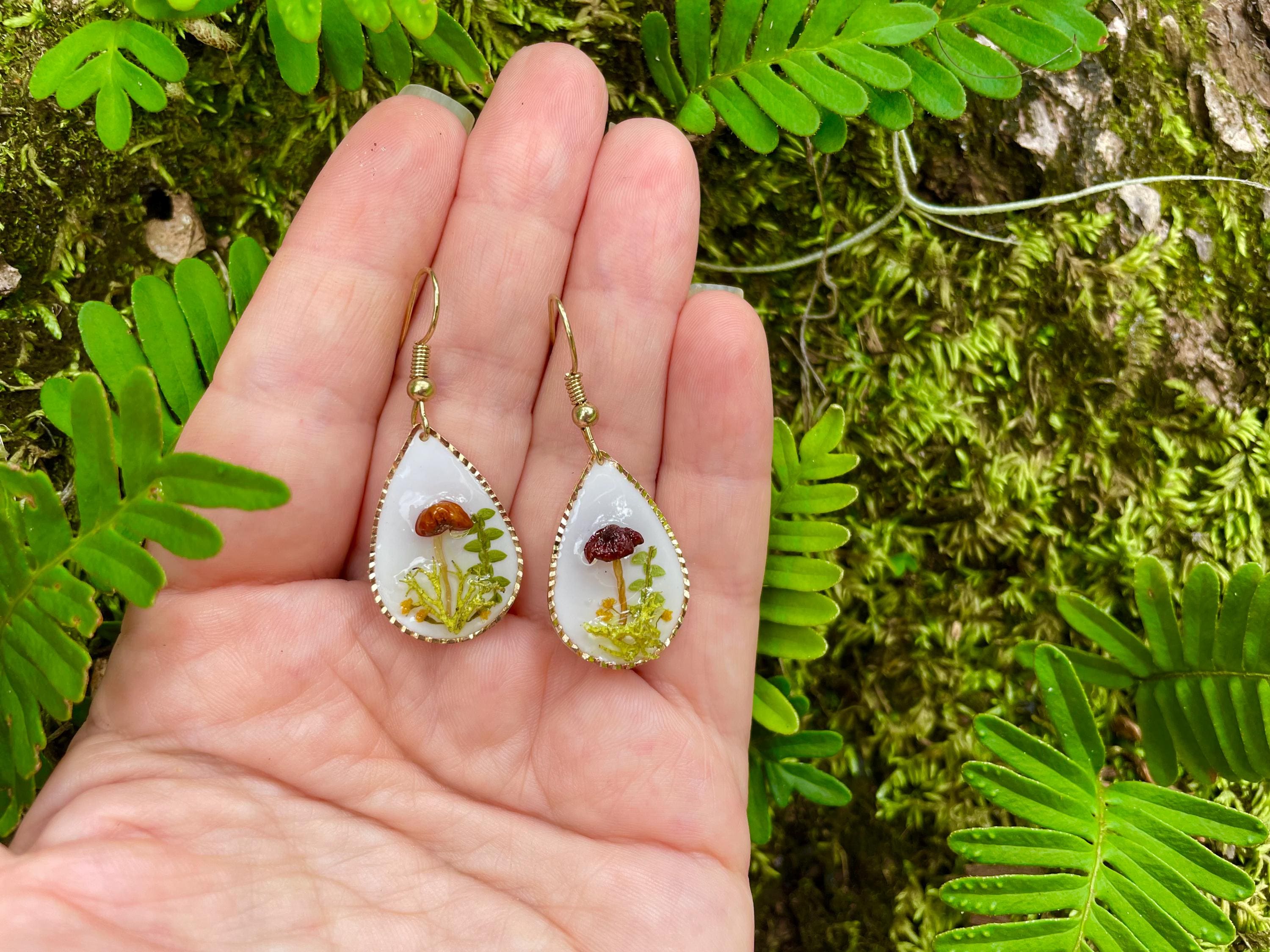 Teardrop Mushroom Moss Earrings: 14K Gold Dangle, Woodland Fairy Jewelry