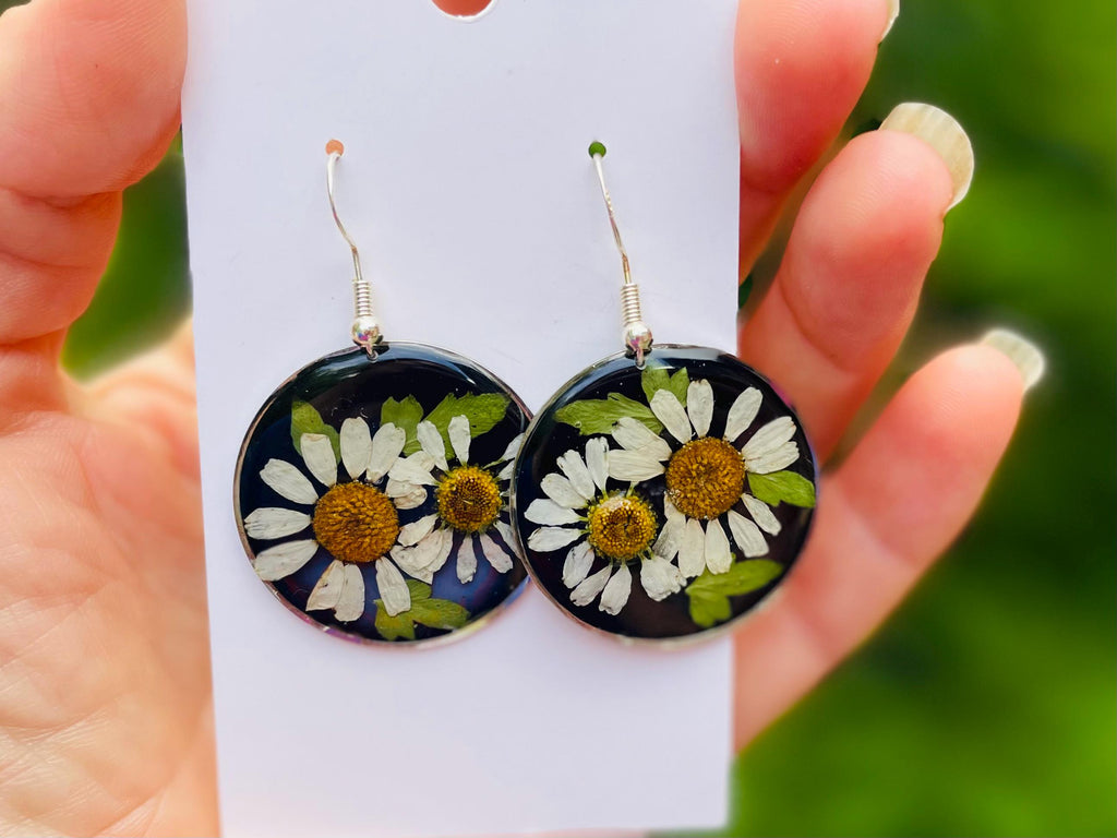 Pressed Daisy Flower Earrings: Black Resin Circle, Botanical Jewelry