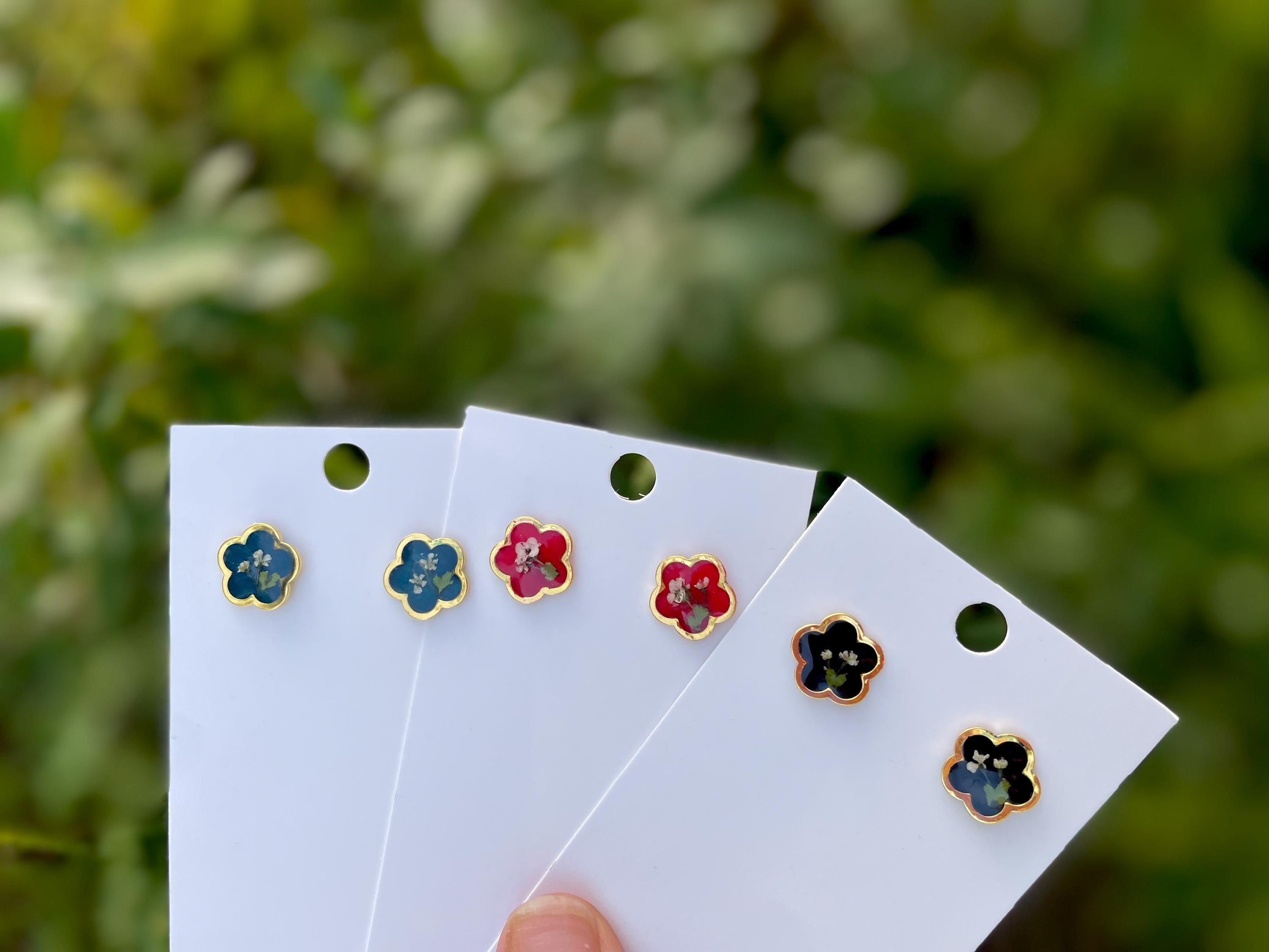 Tiny Pressed Flower Stud Earrings: Gold Botanical Jewelry, Birthstone Color