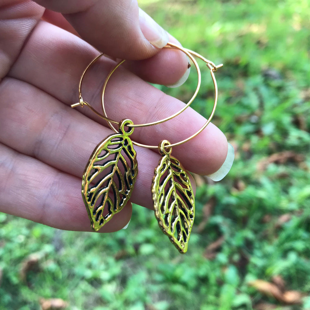 fall earrings gold leaf earrings hoops, woodland jewelry for bridesmaid, autumn accessory for girlfriend, fall present women rustic wedding