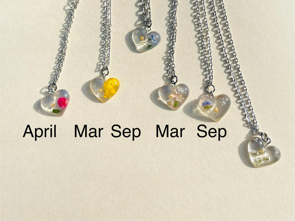 Mustard Seed Heart Pendant Necklace: Personalized Birth Month Flower Jewelry
