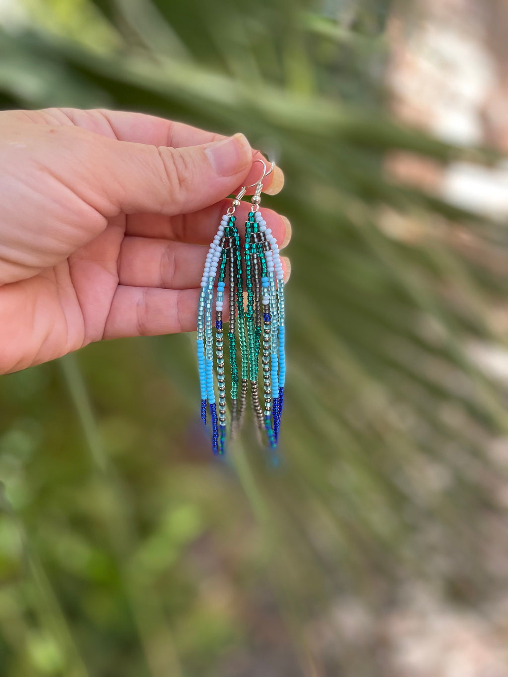 Patina blue Turquoise beaded earrings Long Emerald green Fringe earrings Ombre Chandelier Seed bead earrings Boho beadwork Dangle handmade