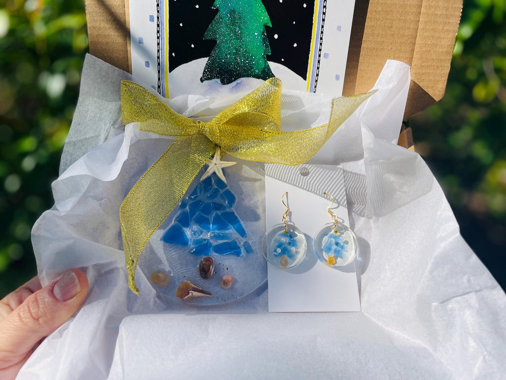 Christmas Gift Box with Coastal Christmas Ornament and Sea Glass Chtistmas Tree Earrings Starfish & Crushed Blue Sea Glass Holiday Ornament