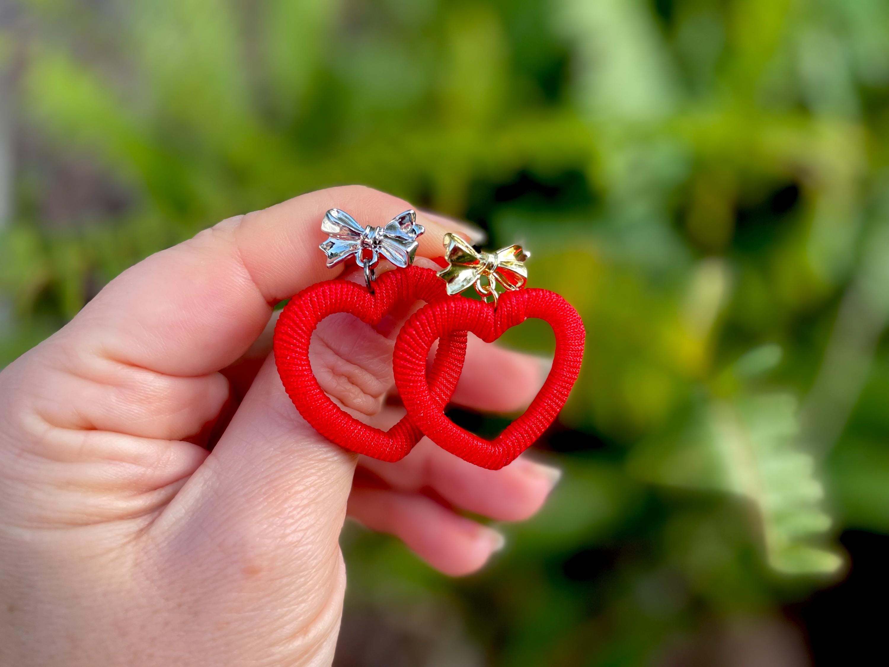 Red Heart Earrings: Silk Wrapped Bow Studs, Romantic Jewelry