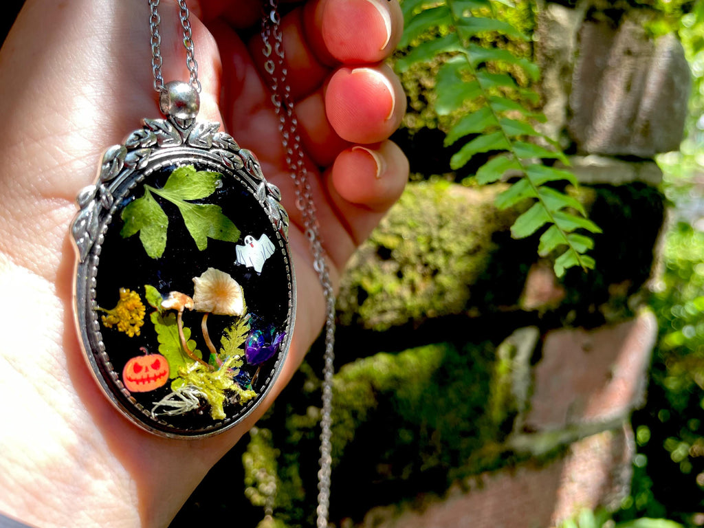 Woodland Witch Necklace: Real Mushroom, Moss, Ghost & Pumpkin Charm