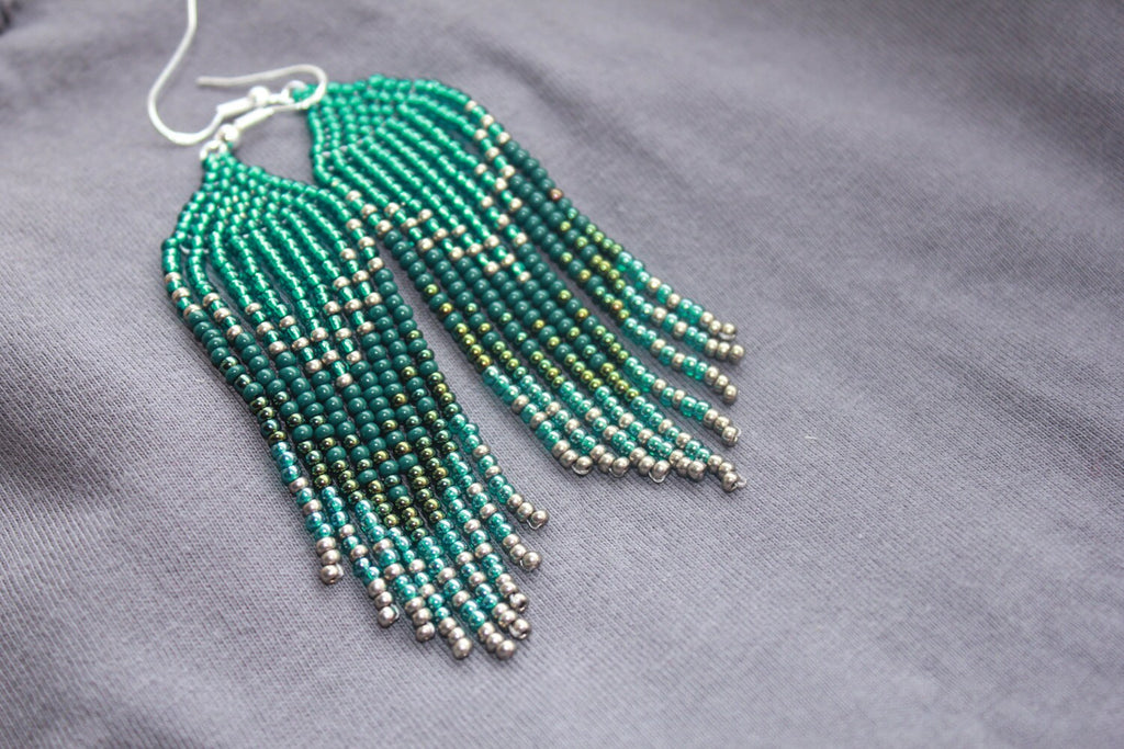Emerald beaded earrings, Long earrings Fringe earrings, Ombre earrings Seed bead earrings, Chandelier earring Boho, beadwork earrings Dangle