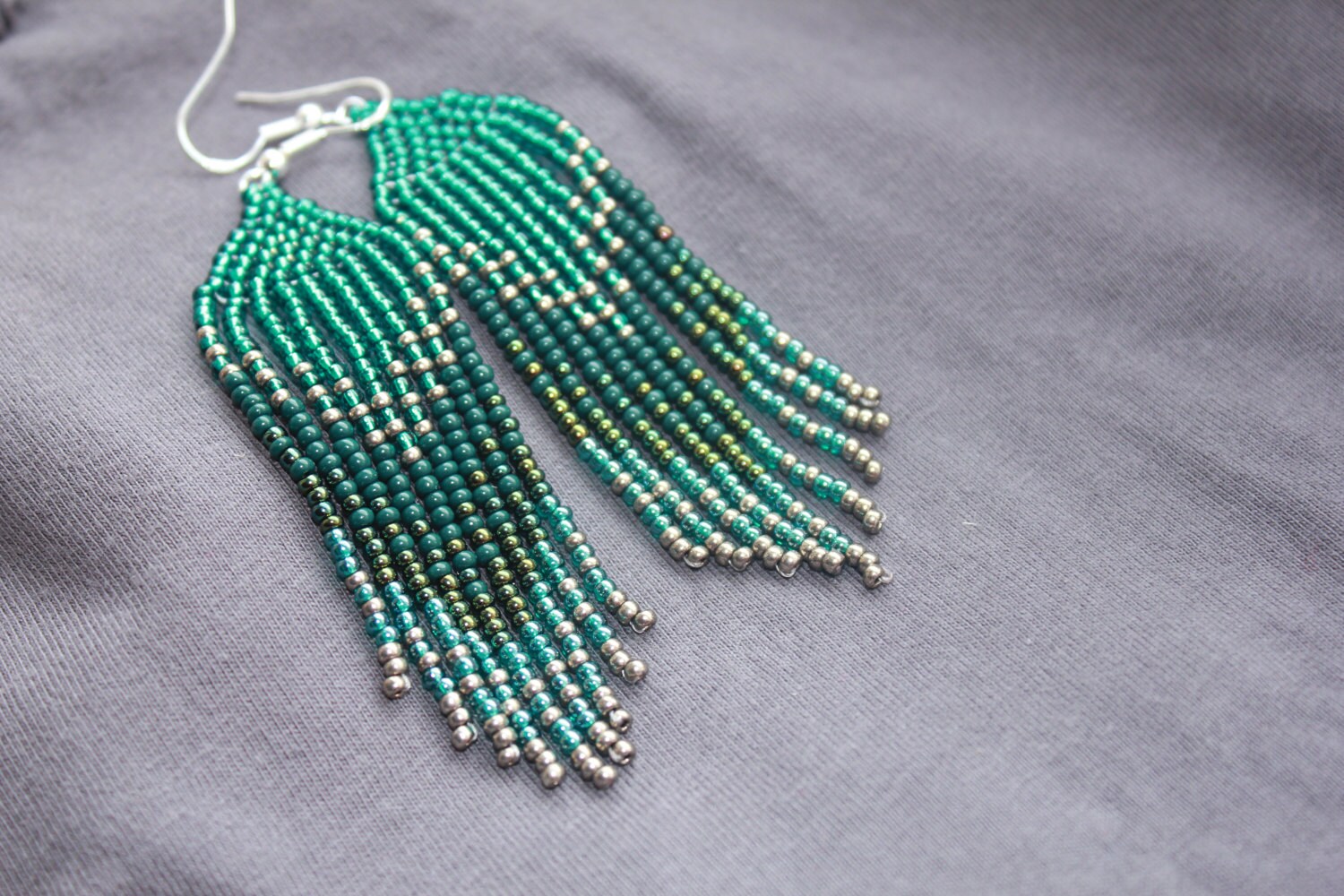 Emerald beaded earrings, Long earrings Fringe earrings, Ombre earrings Seed bead earrings, Chandelier earring Boho, beadwork earrings Dangle