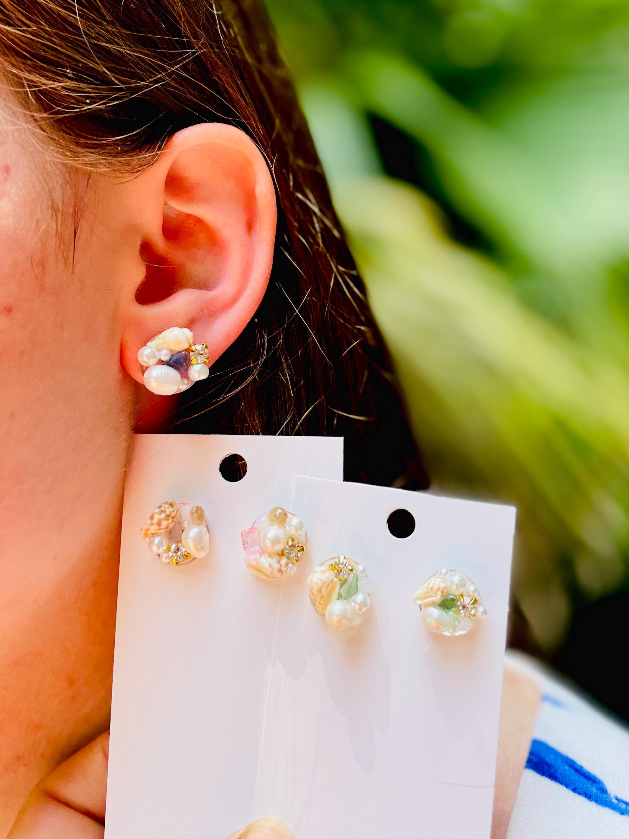 Real Shell Pearl Stud Earrings: Ocean Resin Sea Glass, Beach Bridal Jewelry