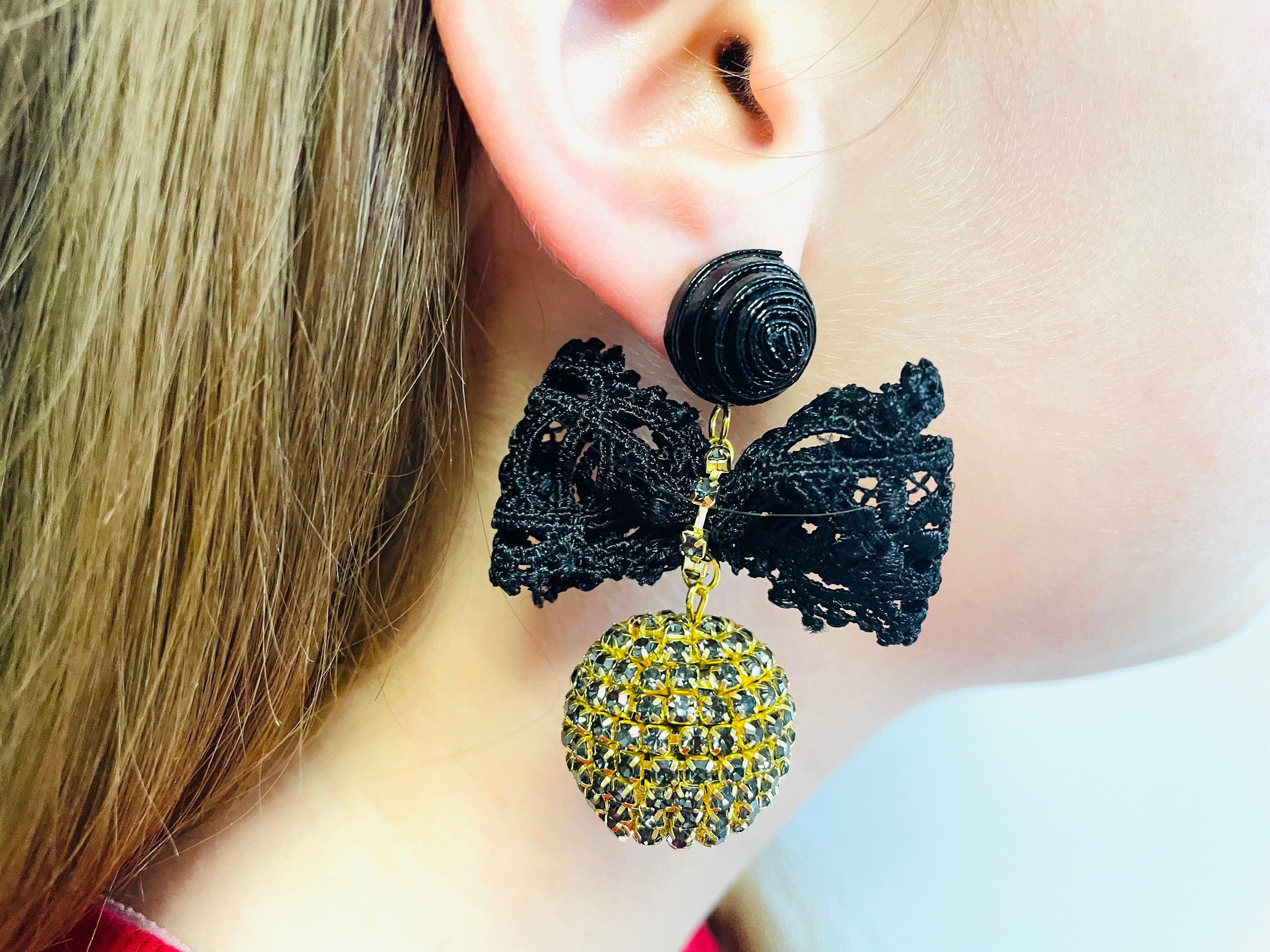 Rhinestone wrapped ball with velvet lace bowknot bonbon earrings, Black bow and gold sphere clip-on earrings, Knotty Bows gift for her