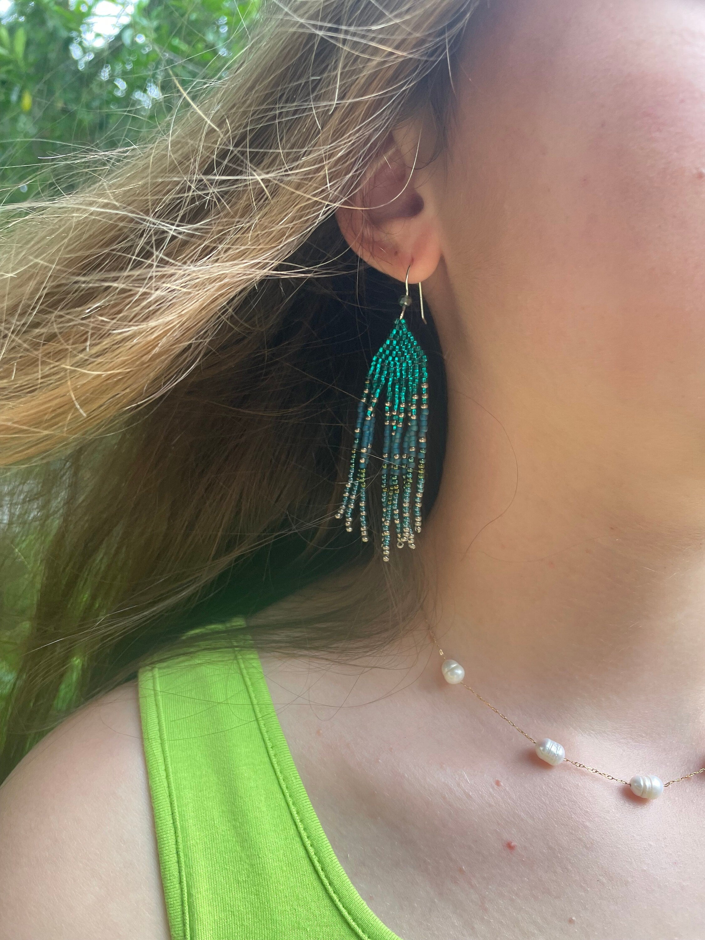 Sterling silver emerald green beaded earrings, Long earrings dangle, Fringe earrings Native American Seed bead earrings, Chandelier earrings