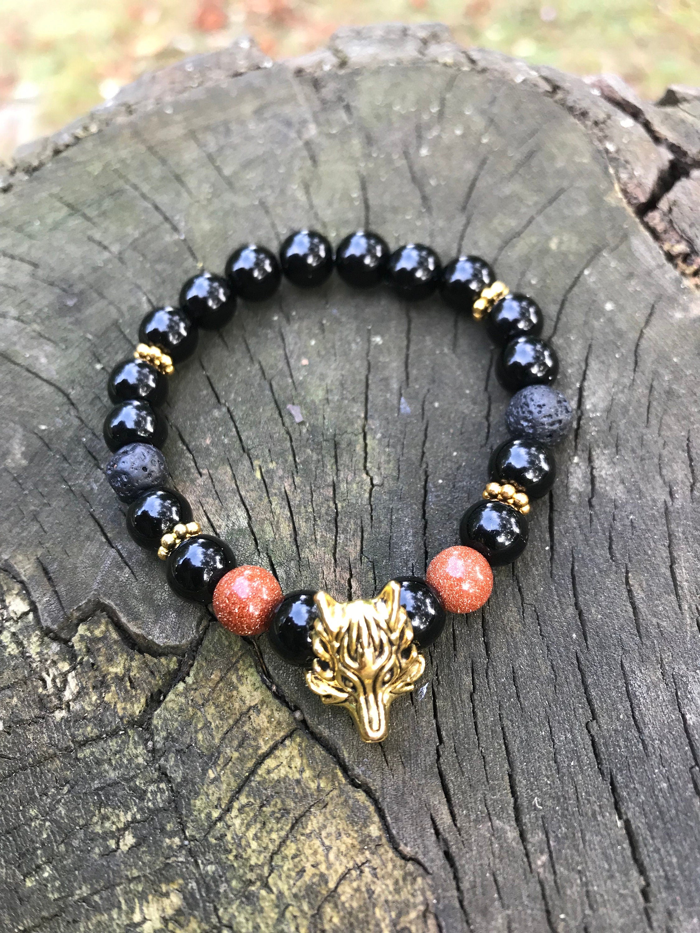 Christmas gift for him, black beaded bracelet with gold Wolf charm for men, lava diffuser bracelet anniversary present for boyfriend brother