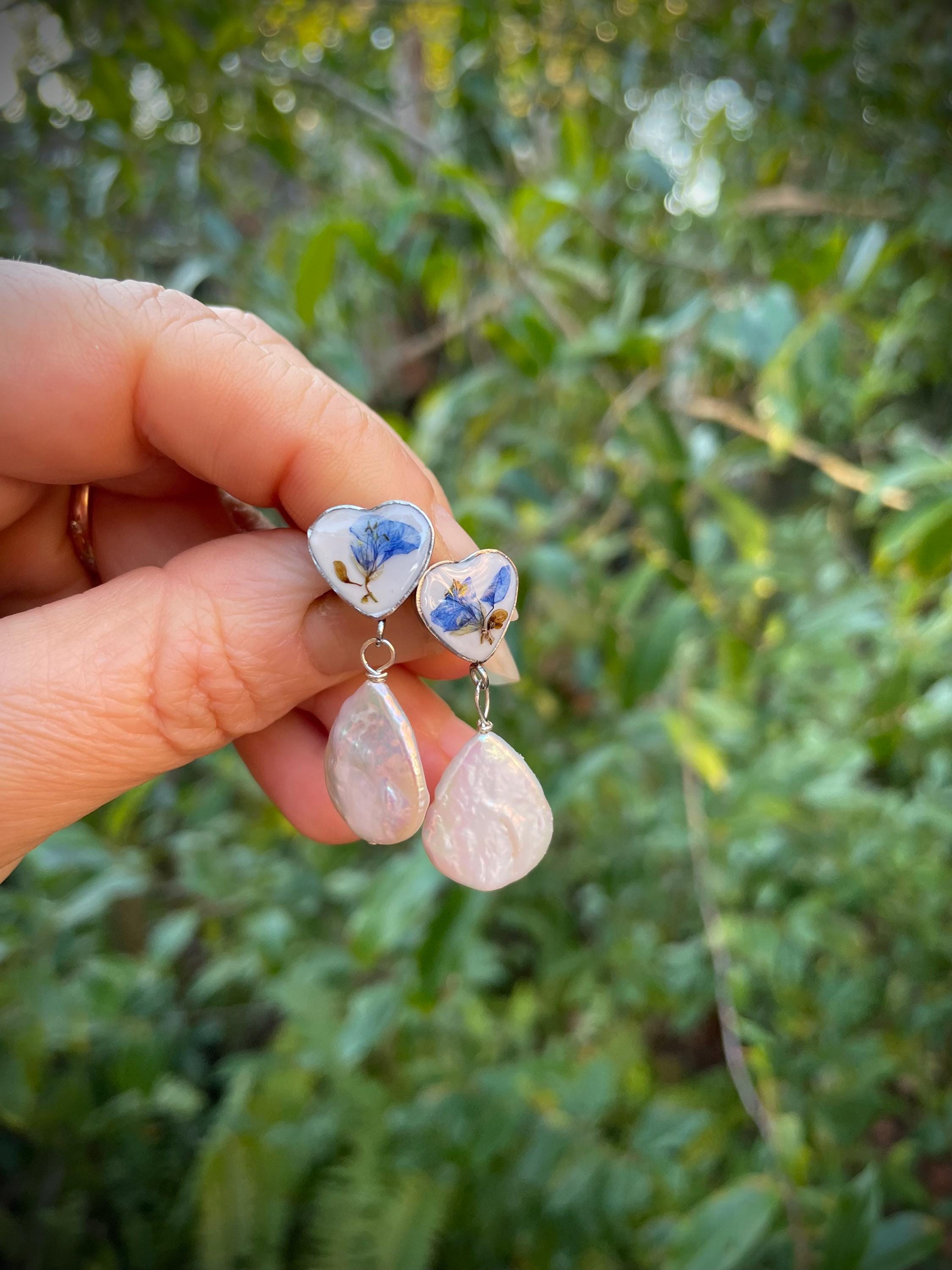 Baroque Pearl Bridal Earrings: Blue Floral Heart, Victorian Chinoiserie Style