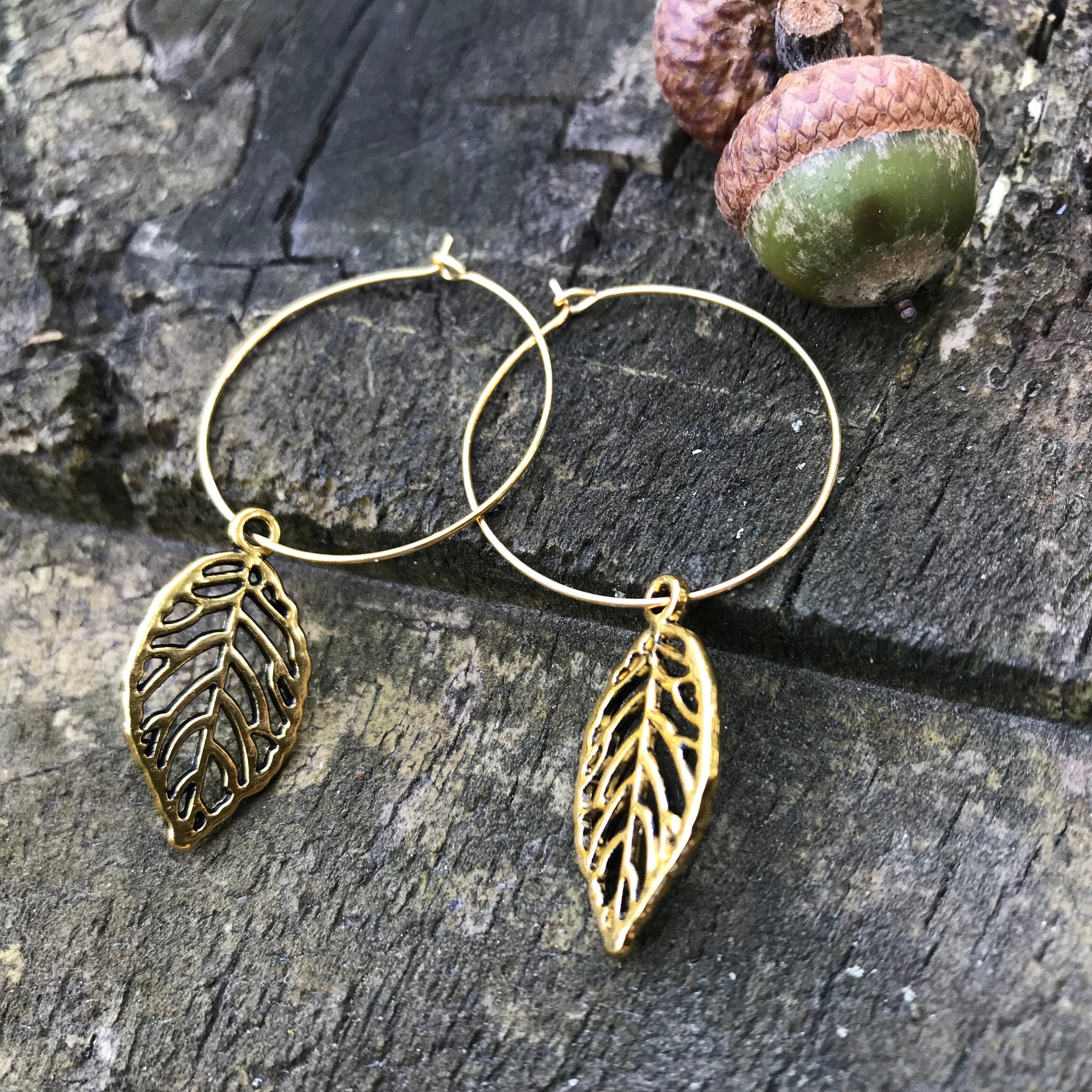 fall earrings gold leaf earrings hoops, woodland jewelry for bridesmaid, autumn accessory for girlfriend, fall present women rustic wedding