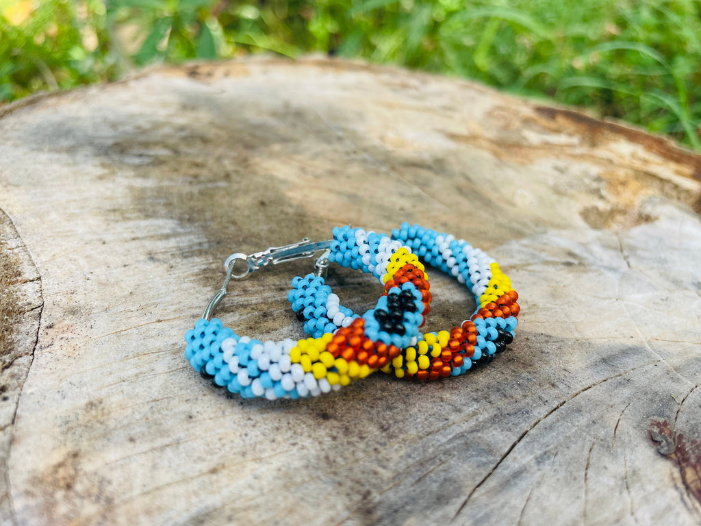 Turquoise Native Style Earrings, Ethnic Southwestern Style Hoop Earrings, Bead Crochet Hoops, Handmade jewelry, huggie hoop earrings silver