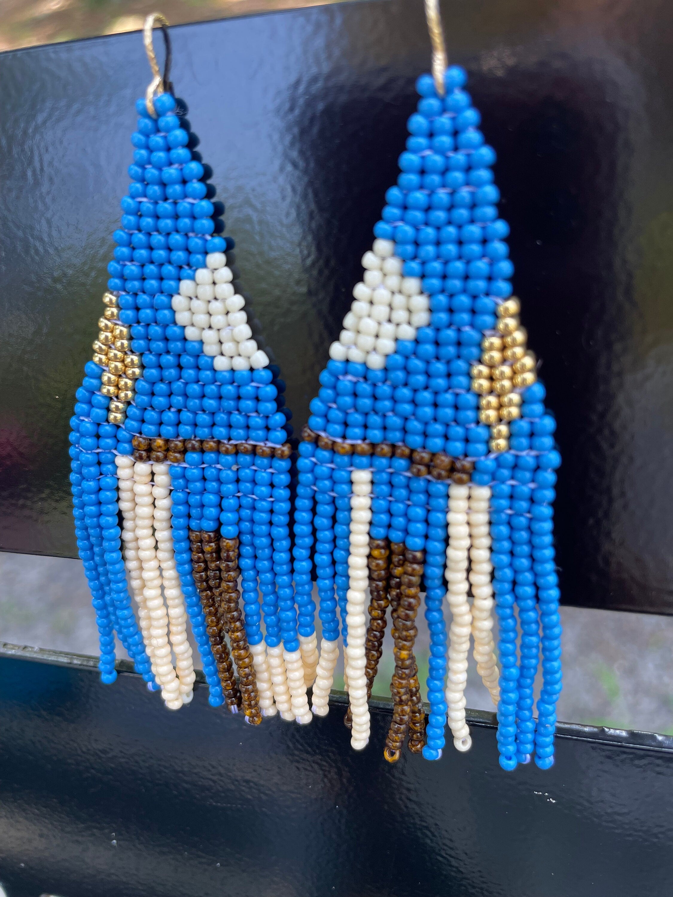 Gold Filled 14K Turquoise beaded earrings, Long earrings, Fringe earrings Native American Seed bead earrings, Abstract Chandelier earrings