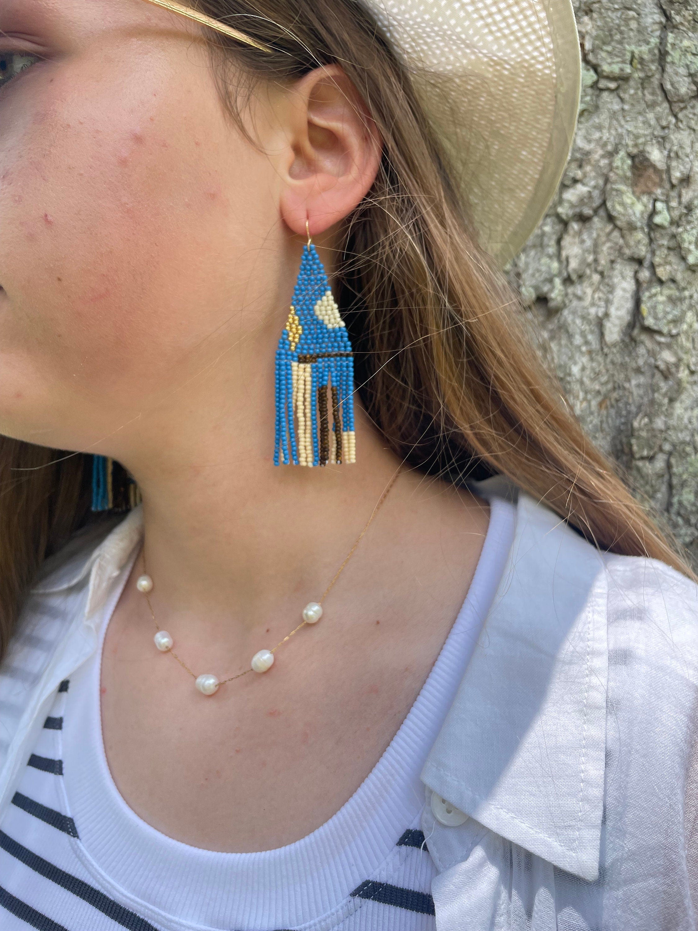 Gold Filled 14K Turquoise beaded earrings, Long earrings, Fringe earrings Native American Seed bead earrings, Abstract Chandelier earrings