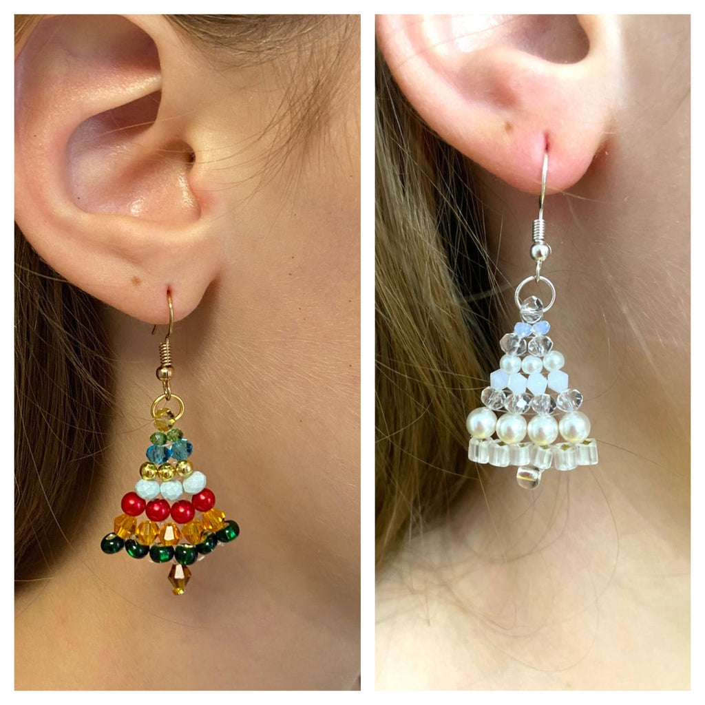 Pearl Christmas Earrings Beaded: White Silver Winter Holiday Tree Dangles for Women