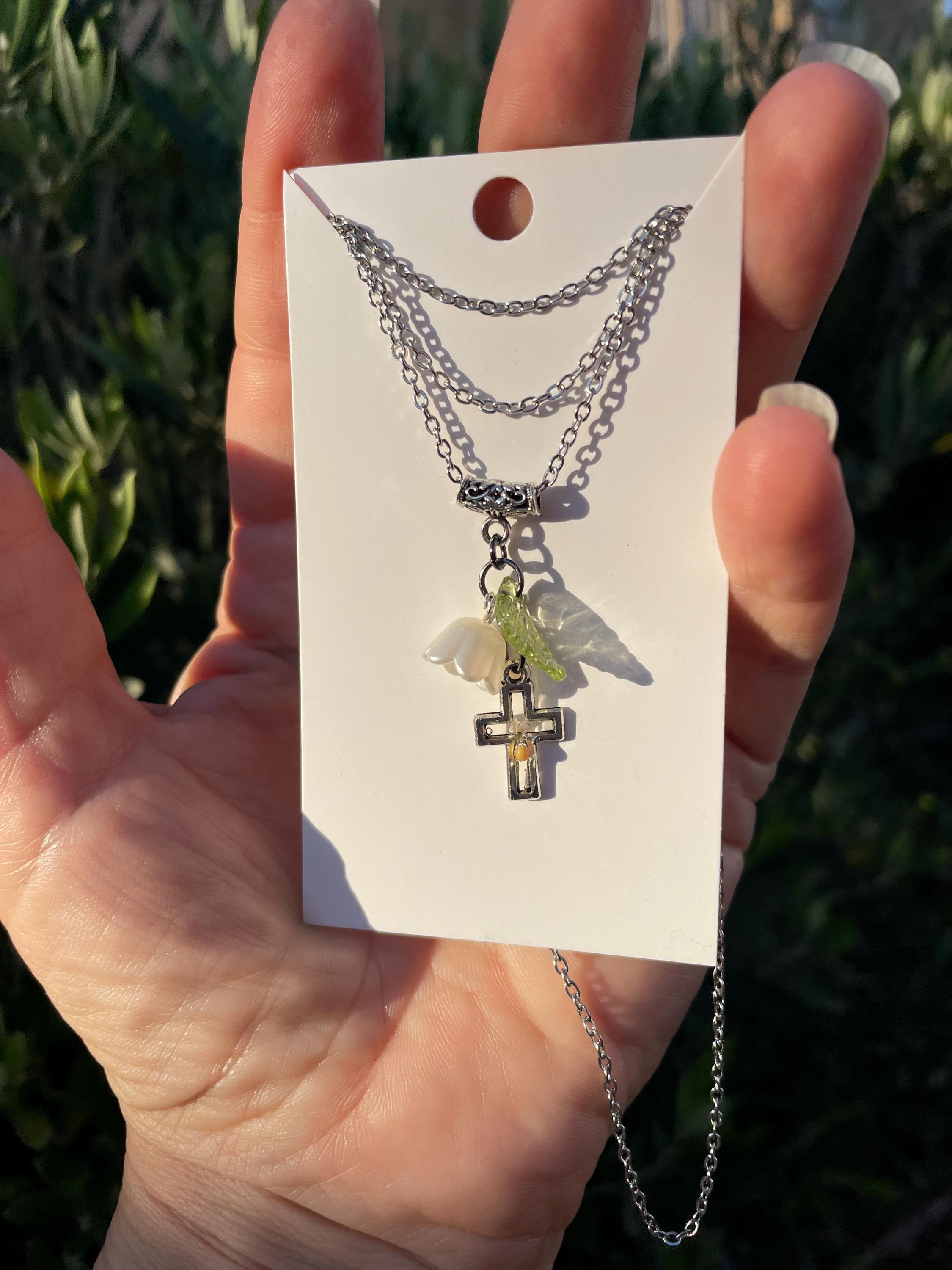 Personalized Lily of the Valley Cross Necklace: Mustard Seed, May Birth Flower