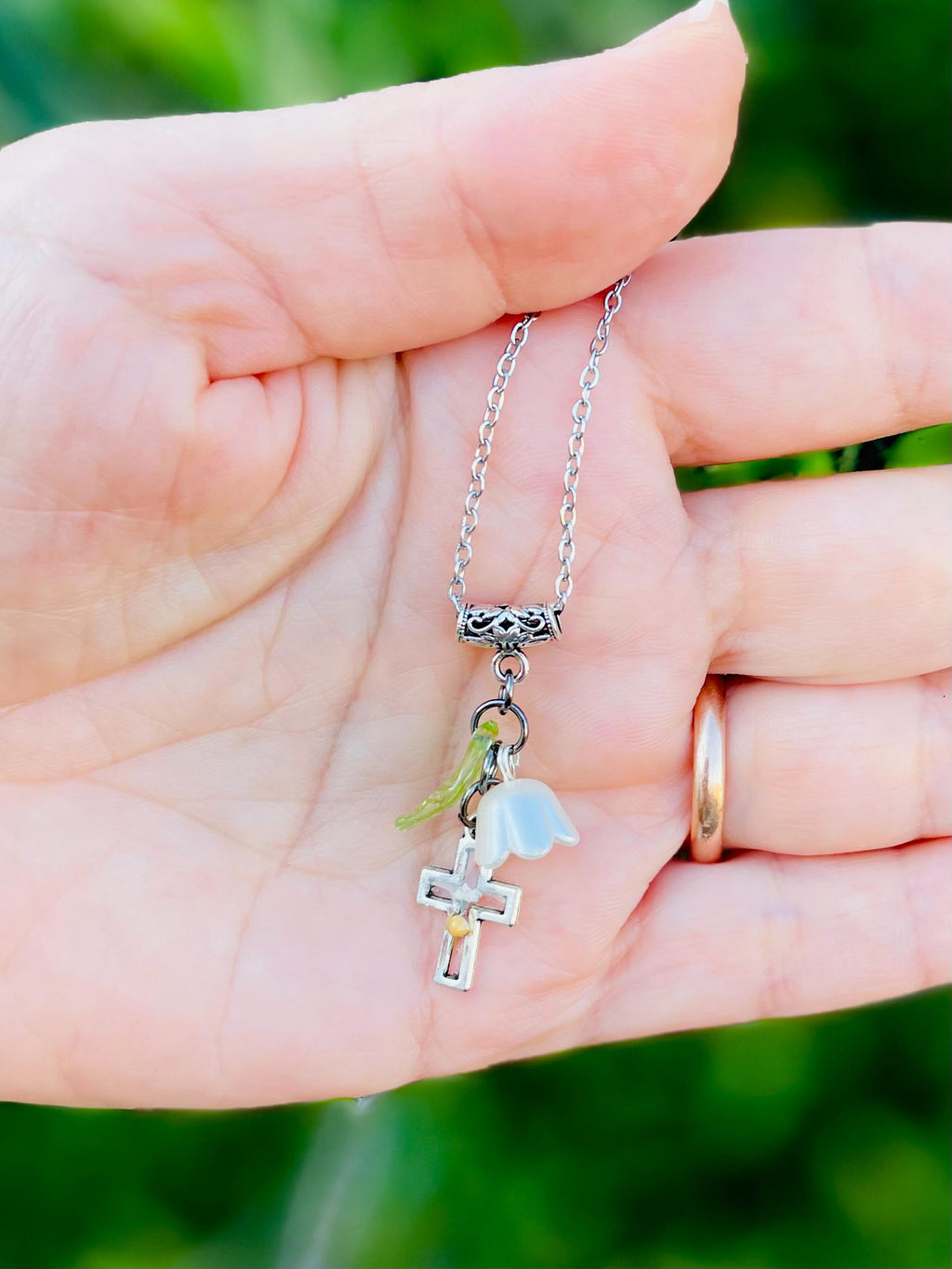 Personalized Lily of the Valley Cross Necklace: Mustard Seed, May Birth Flower
