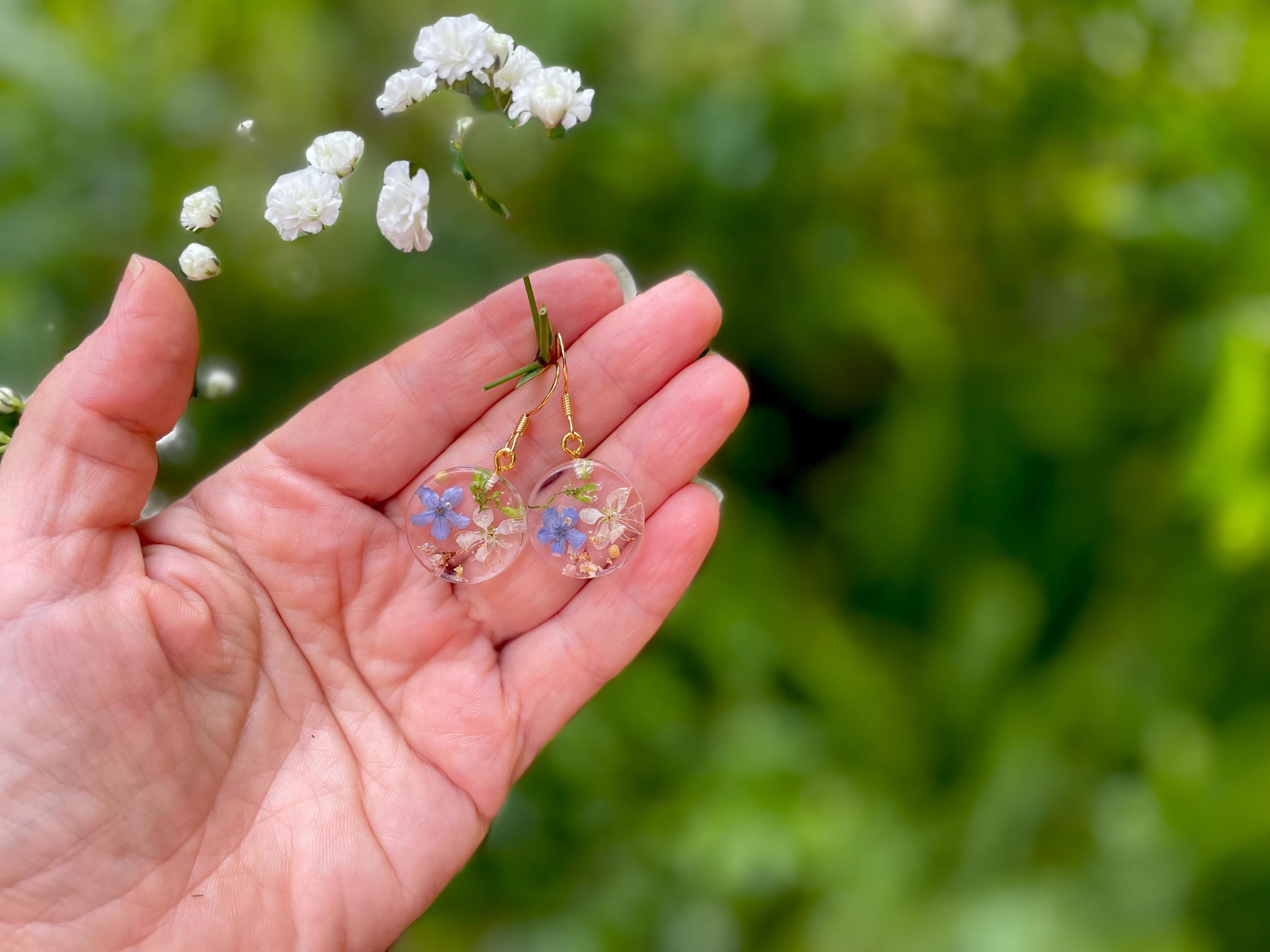 Real Pressed Flower Resin Earrings: Forget Me Not, Baby's Breath