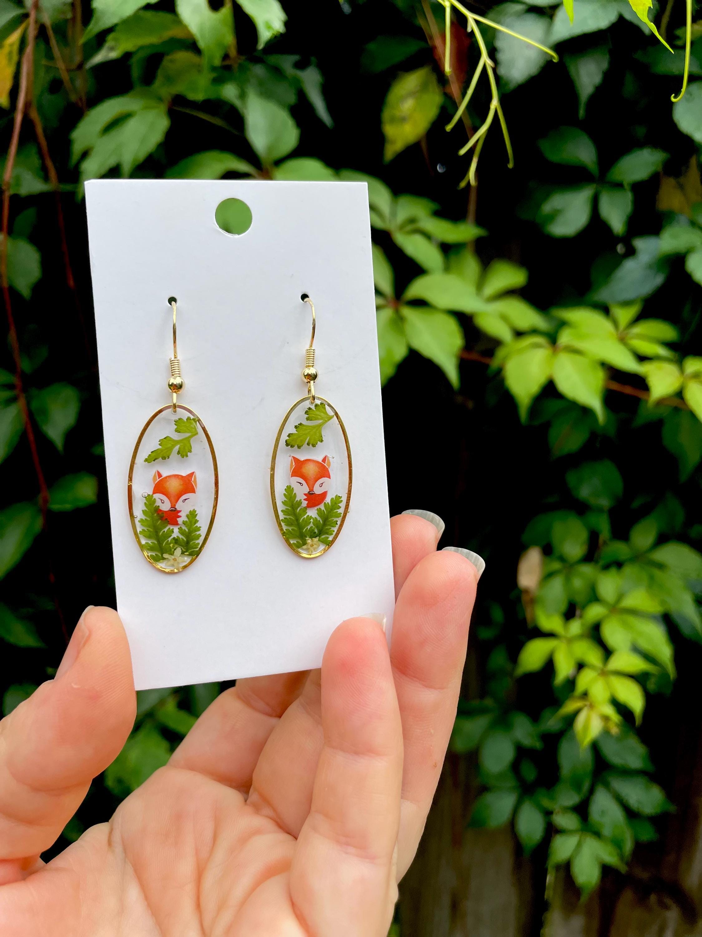 14K Gold Resin Dangle Earrings: Real Mushroom, Pumpkin, Fern & Flowers