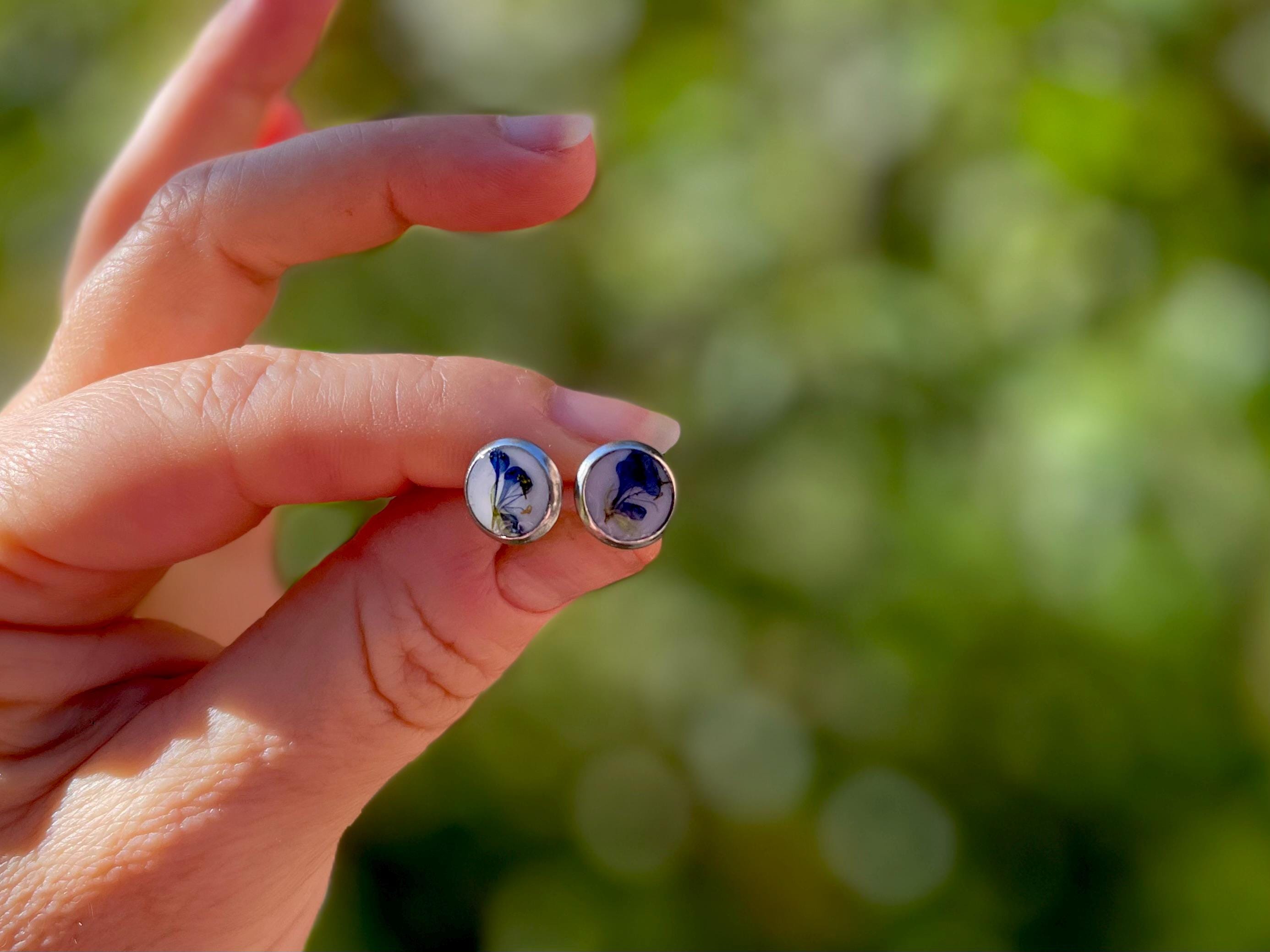 Tiny Pressed Blue Flower Earrings: Silver Resin Studs, Surgical Steel