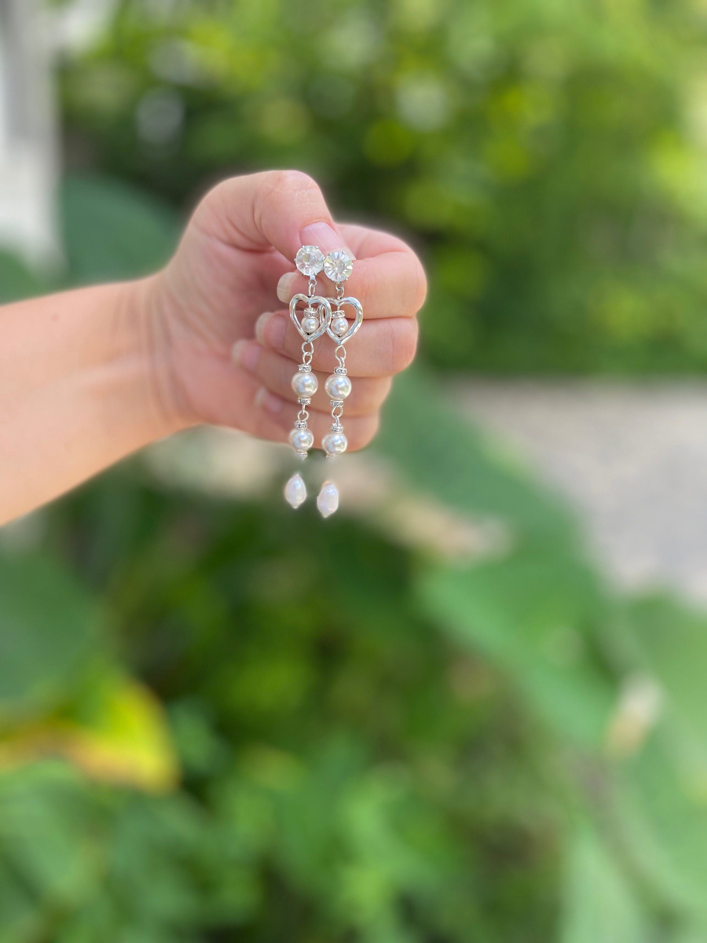 Pearl drop earrings long Swarovski heart bridal earrings silver gold baroque pearl earrings wedding unique birthday gift for her best friend