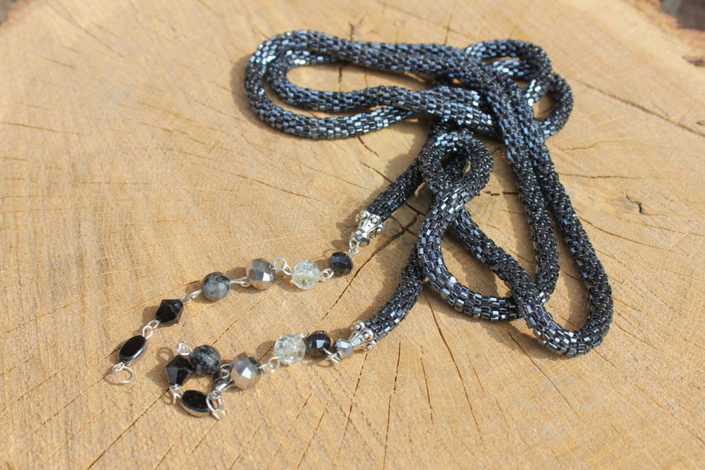 Hematite Bead necklace, Beaded Layered Lariat Necklace Choker Gift For Her, Crochet Lariat Rope, Bohemian jewelry for her, crystal lariat