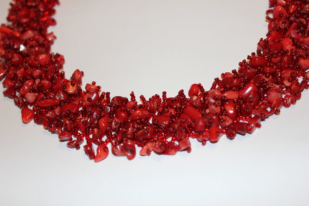 Statement Red Coral Necklace Beaded: Multistrand Raw Crystal Collar Choker for Special Occasions