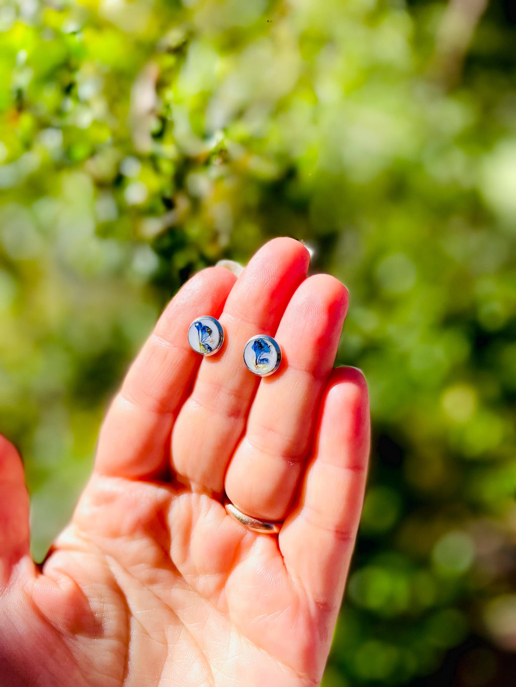 Tiny Pressed Blue Flower Earrings: Silver Resin Studs, Surgical Steel