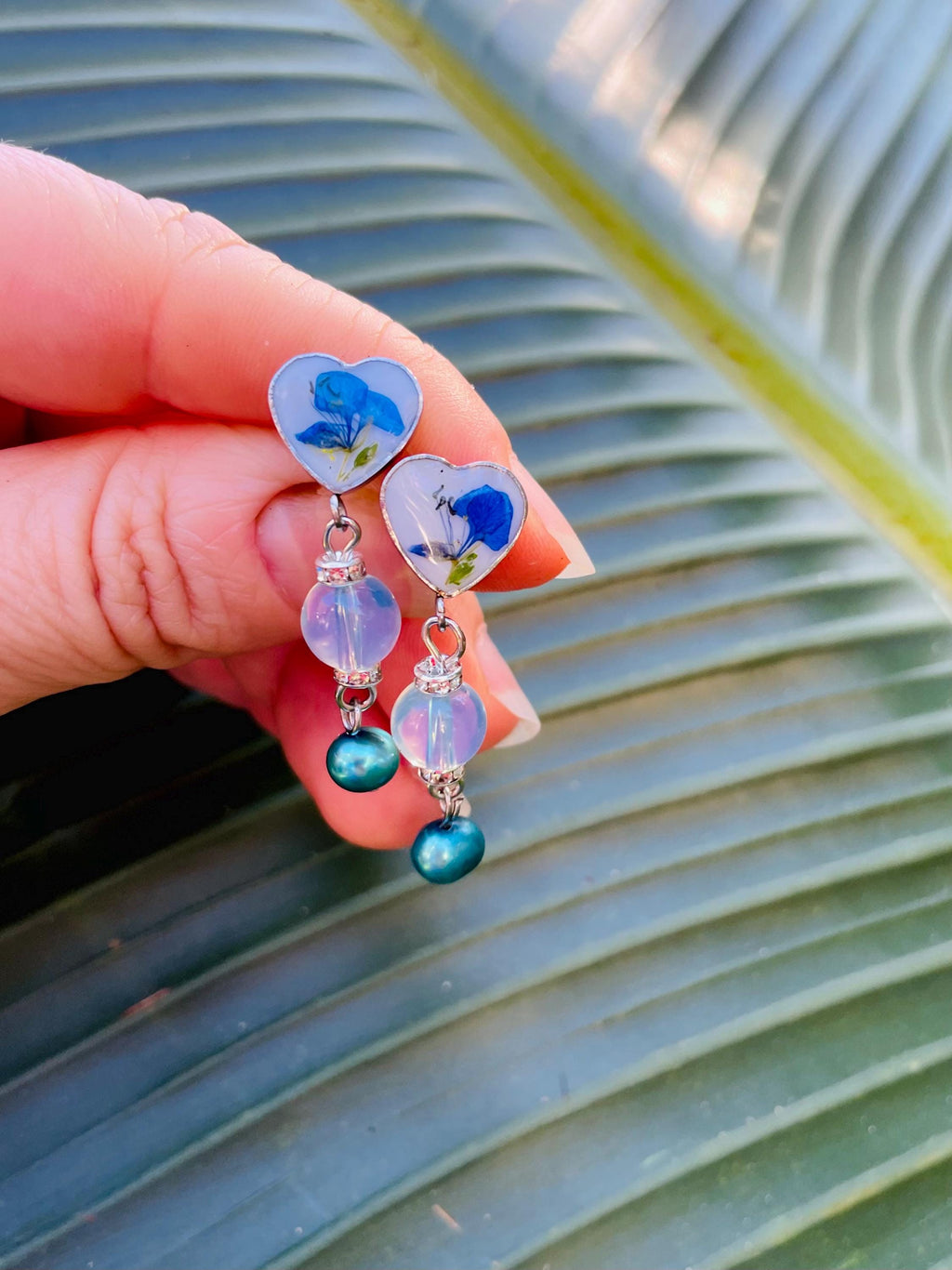 Patina Blue Pearl Floral Earrings: Pressed Flower Resin Jewelry Opal