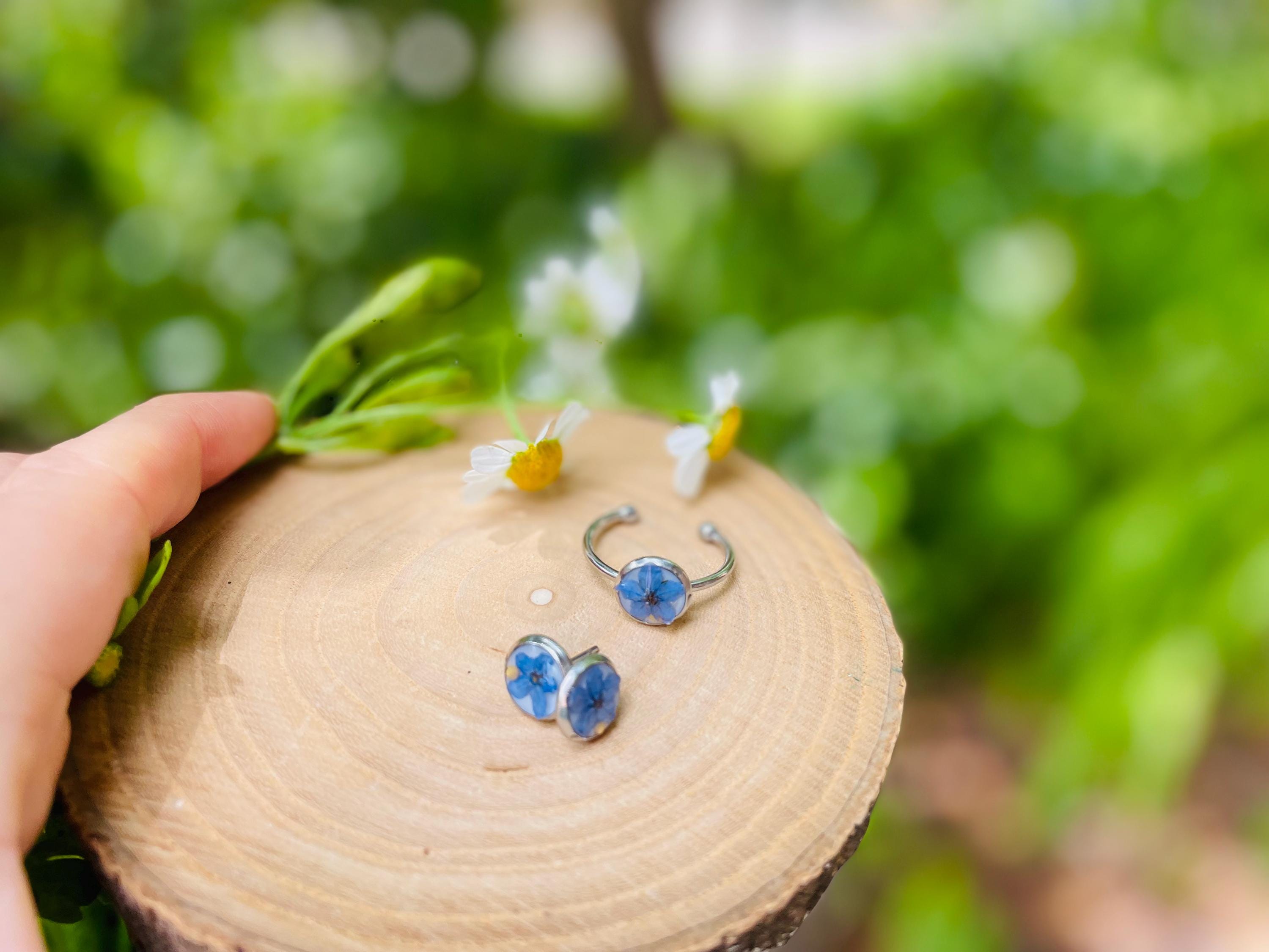 Forget Me Not Stud Earrings: Real Pressed Flower Resin Jewelry Set