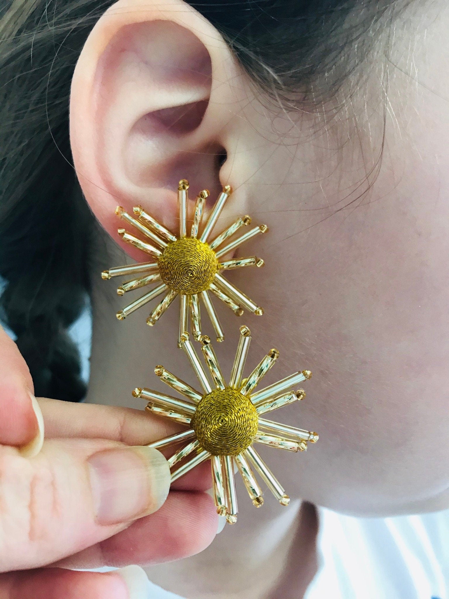 Gold Sunburst Earrings: Beaded Celestial Clip On Studs
