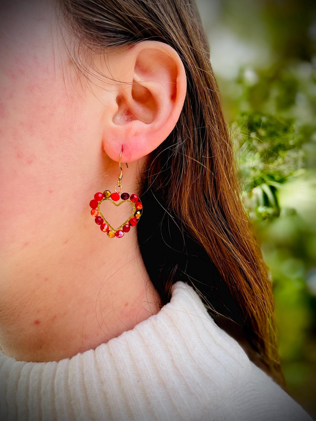 Red Beaded Heart Hoop Earrings: 14K Gold Romantic Dangle Earrings
