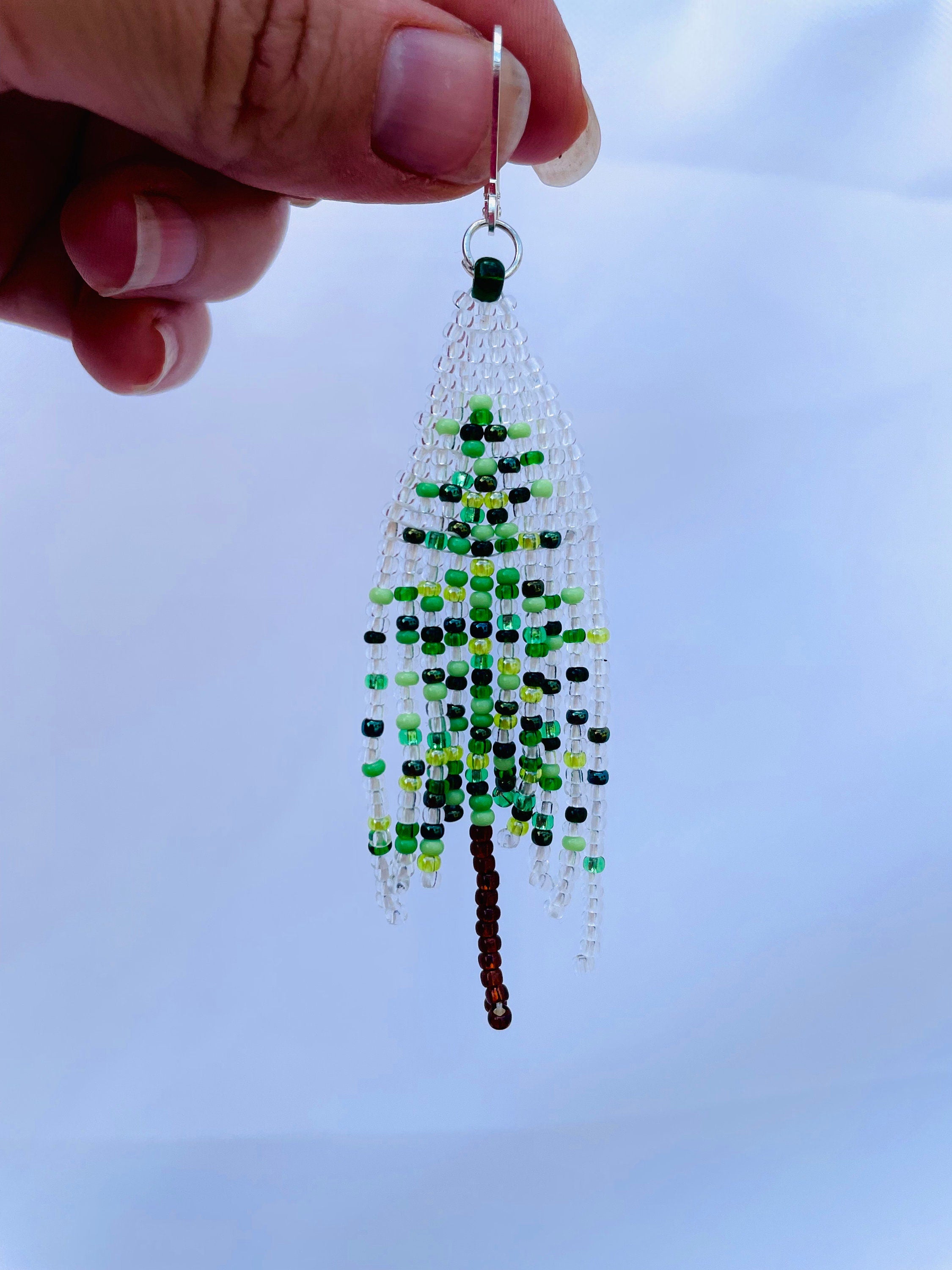 Christmas earrings dangle, Abstract Beaded Fringe earrings, Christmas tree seed bead earrings Green transparent Long earrings Boho Handmade