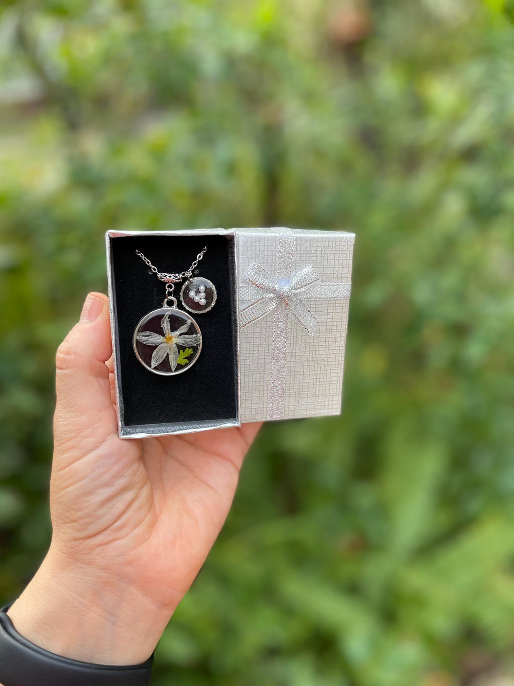 December Birth Flower Necklace: Handmade Narcissus, Personalized Initial, Pearl Resin Pendant