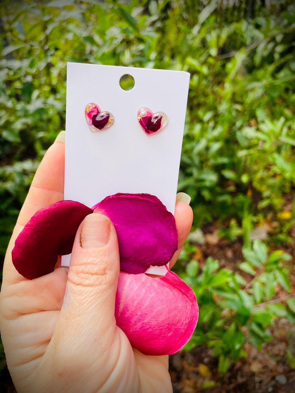Handmade Heart Rose Stud Earrings: Titanium Resin Flower Earrings June Birth Month