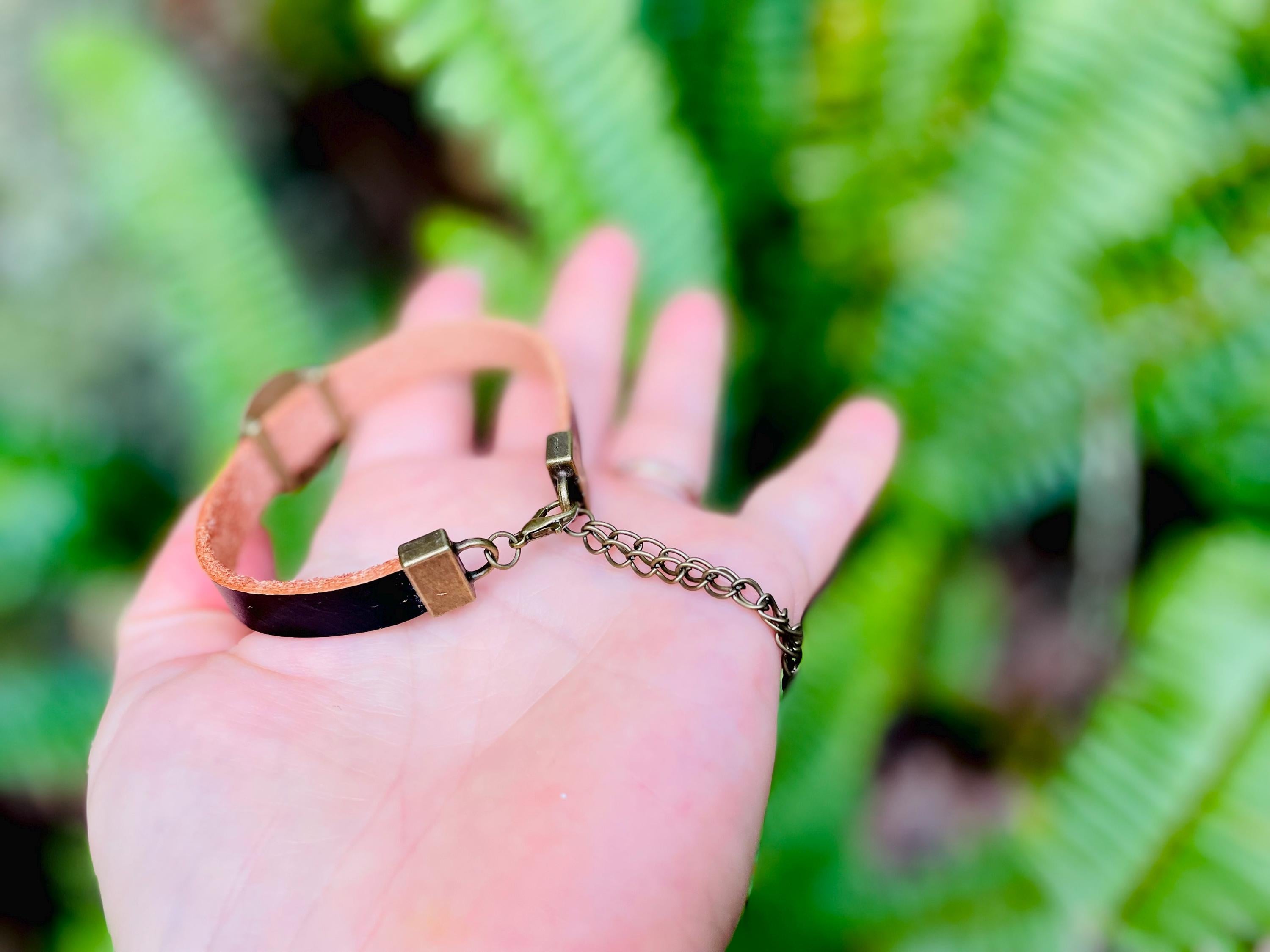 Black Leather Dandelion Bracelet Adjustable: Unisex Nature Inspired Pressed Flower Bronze Anniversary Jewelry
