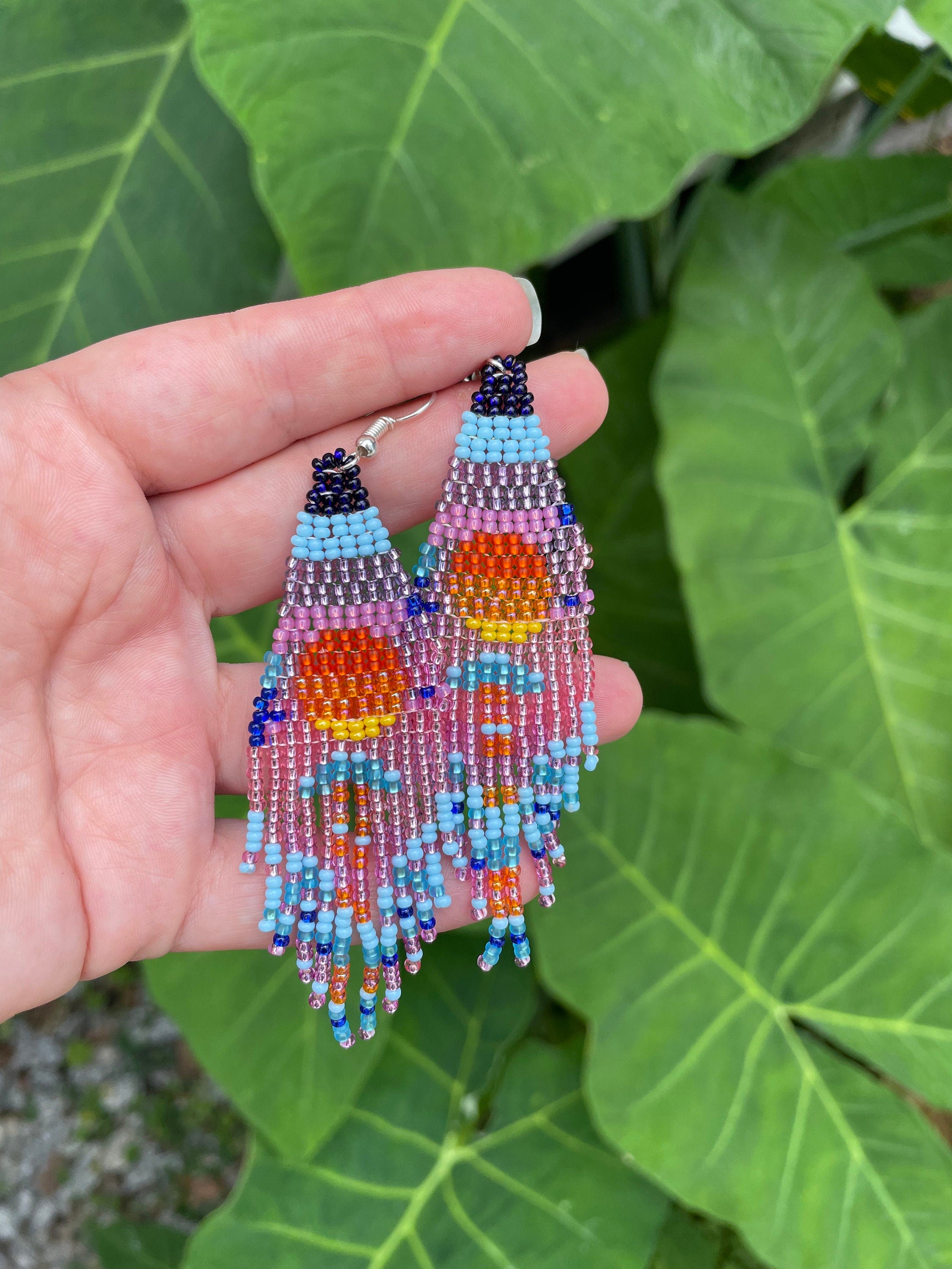 Pink Sunset long fringe Earrings dangle chandelier Seed bead earrings Artistic Beadwork earrings Seed bead Boho earring Sky Landscape Sea