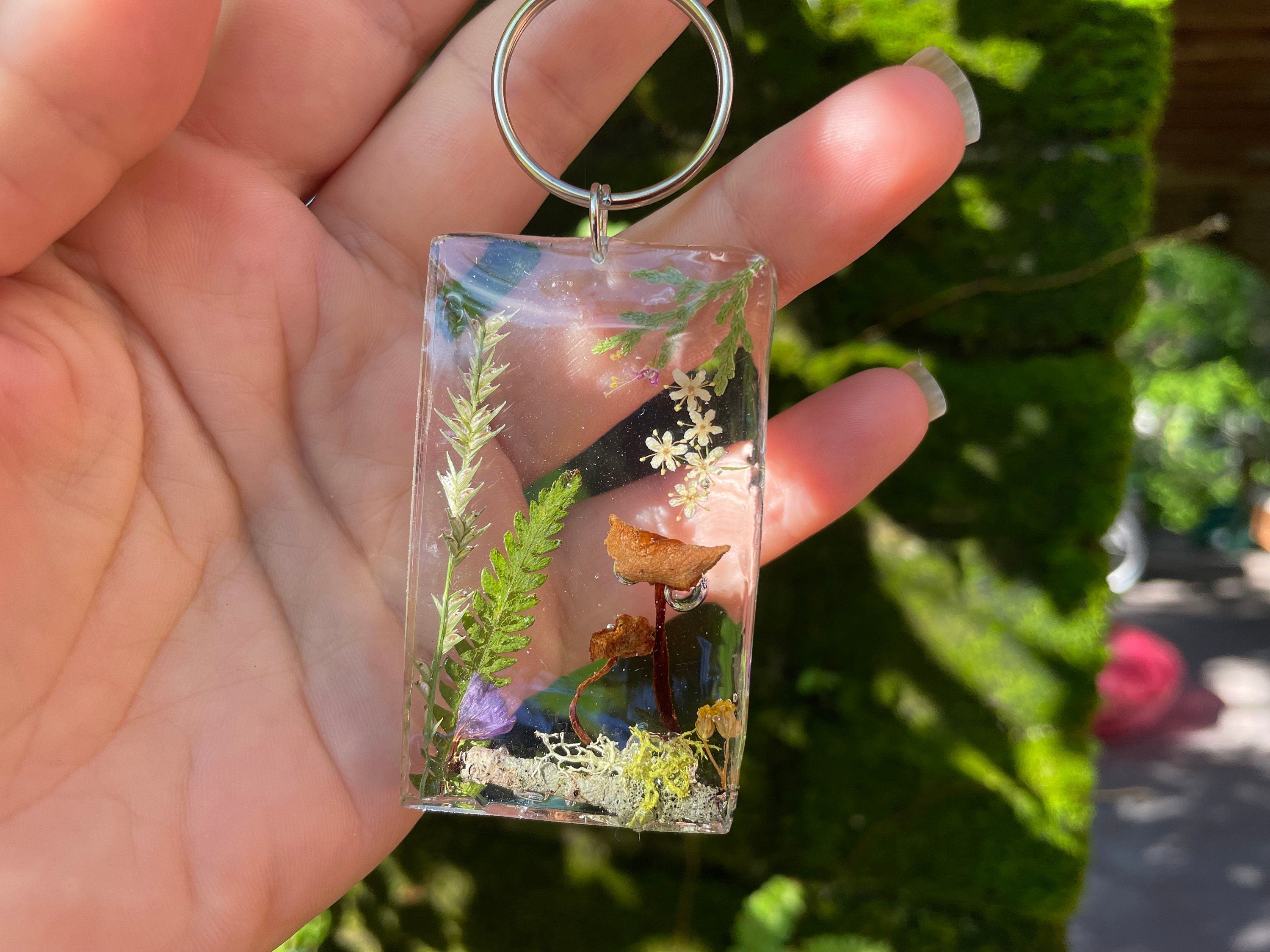 Handcrafted Resin Keychain: Real Mushrooms, Ferns, Flowers - Personalized Botanical Keyring